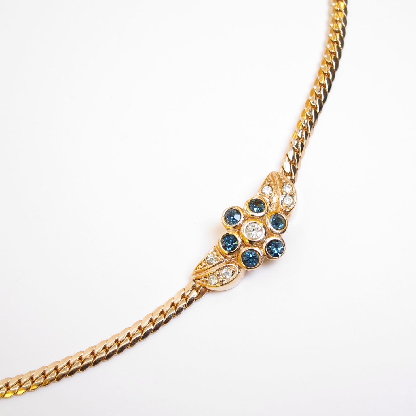 Christian Dior Vintage Flower Motif Blue and Rhinestone Golden Necklace