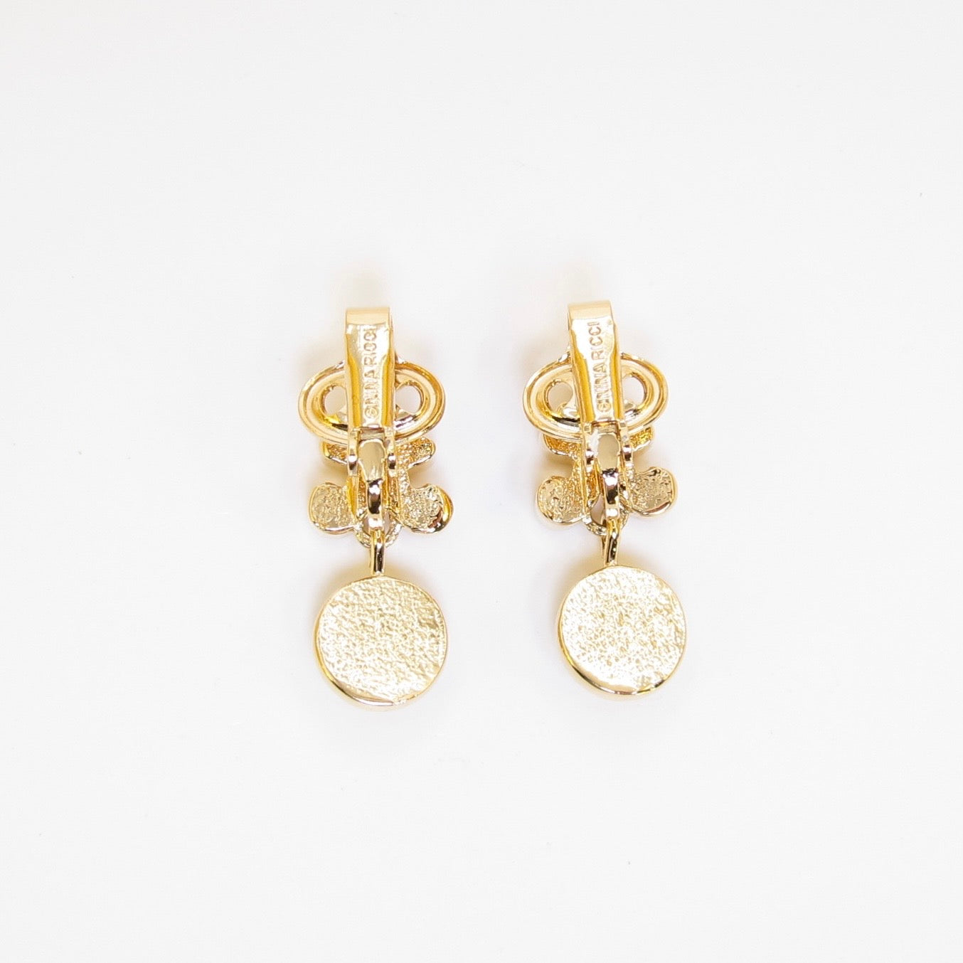 Nina Ricci Vintage NR Logo Ribbon Bow Drop Dangle Golden Clip-on Earrings