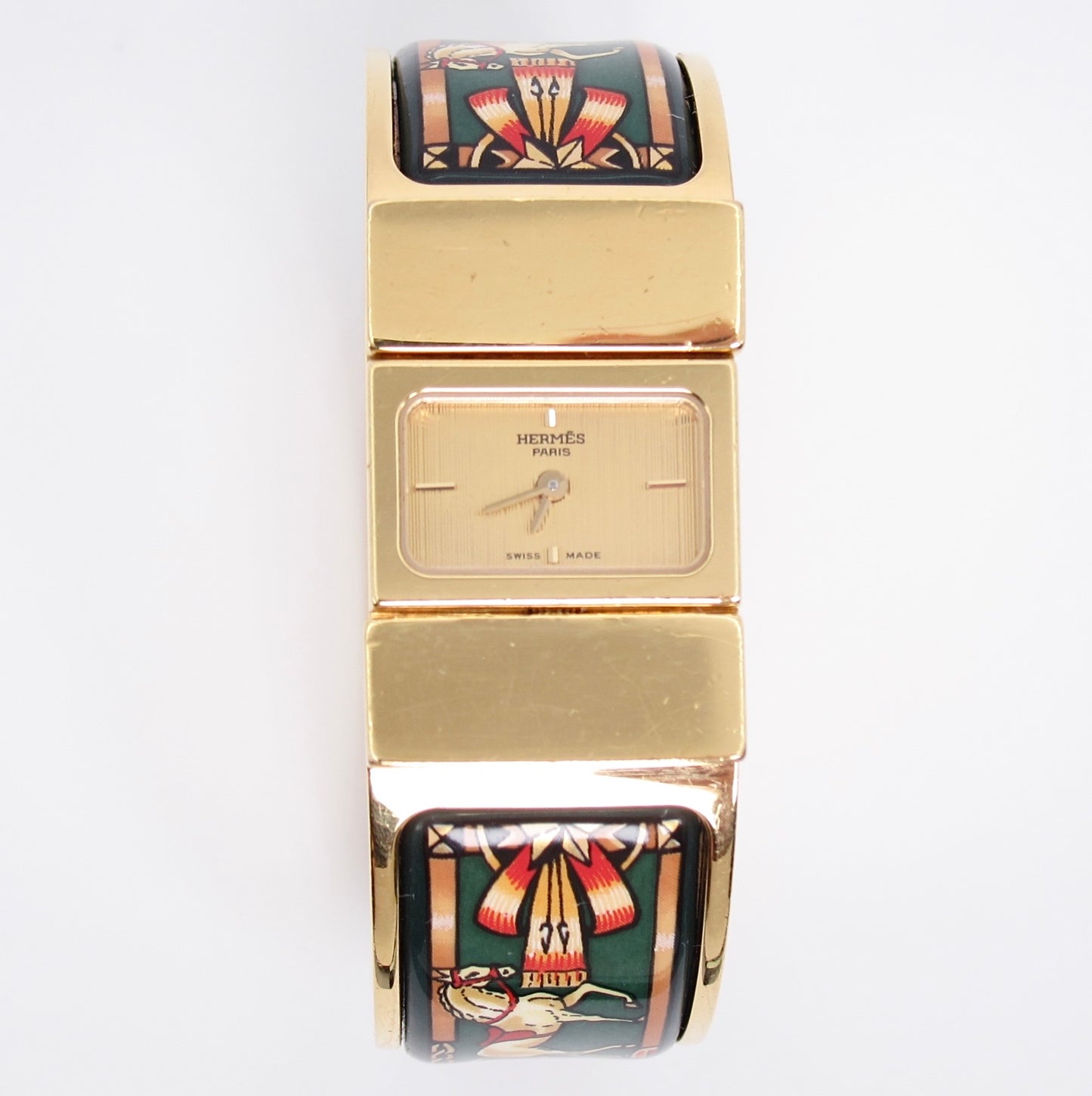 Hermes Vintage Loquet Golden Face Green Cloisonne Enamel Bangle Watch