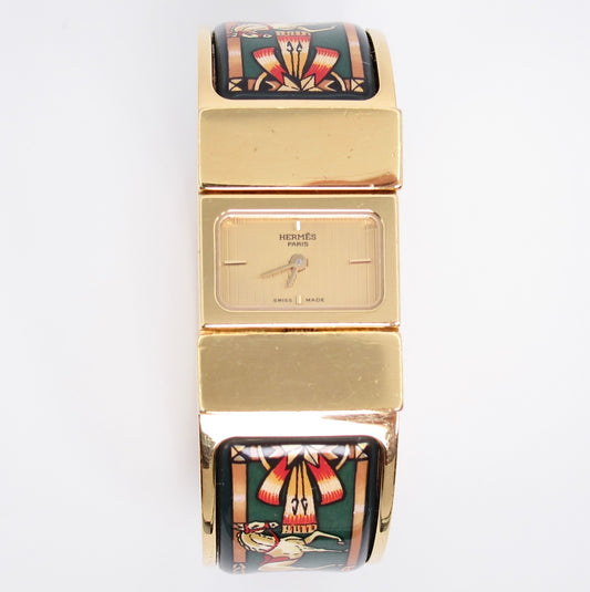 Hermes Vintage Loquet Golden Face Green Cloisonne Enamel Bangle Watch