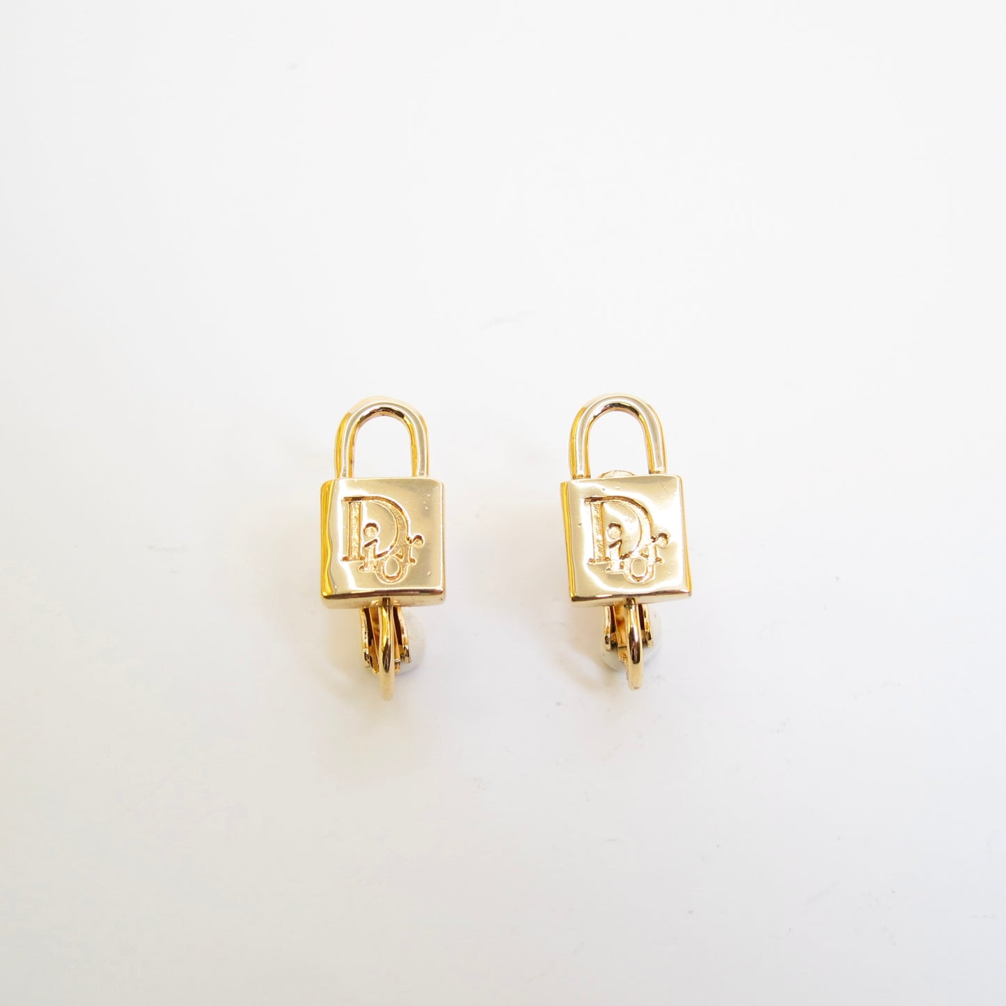 Christian Dior Vintage Dior Logo on Padlock Golden Clip-on Earrings