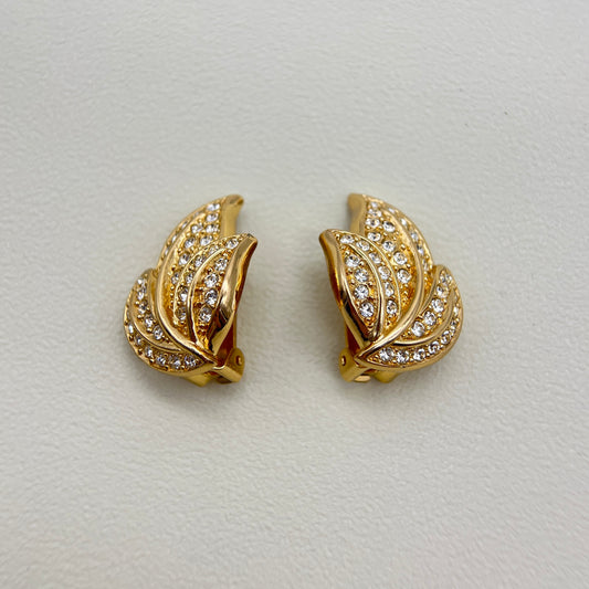 Christian Dior Vintage Leaves Motif with Rhinestone Golden Clip-on Earrings
