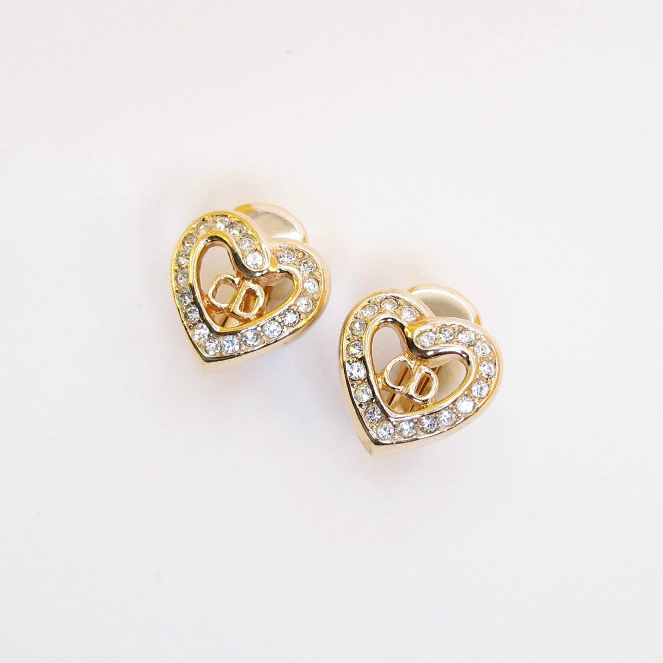 Christian Dior Vintage CD Logo in Heart with Rhinestone Golden Clip-on Earrings
