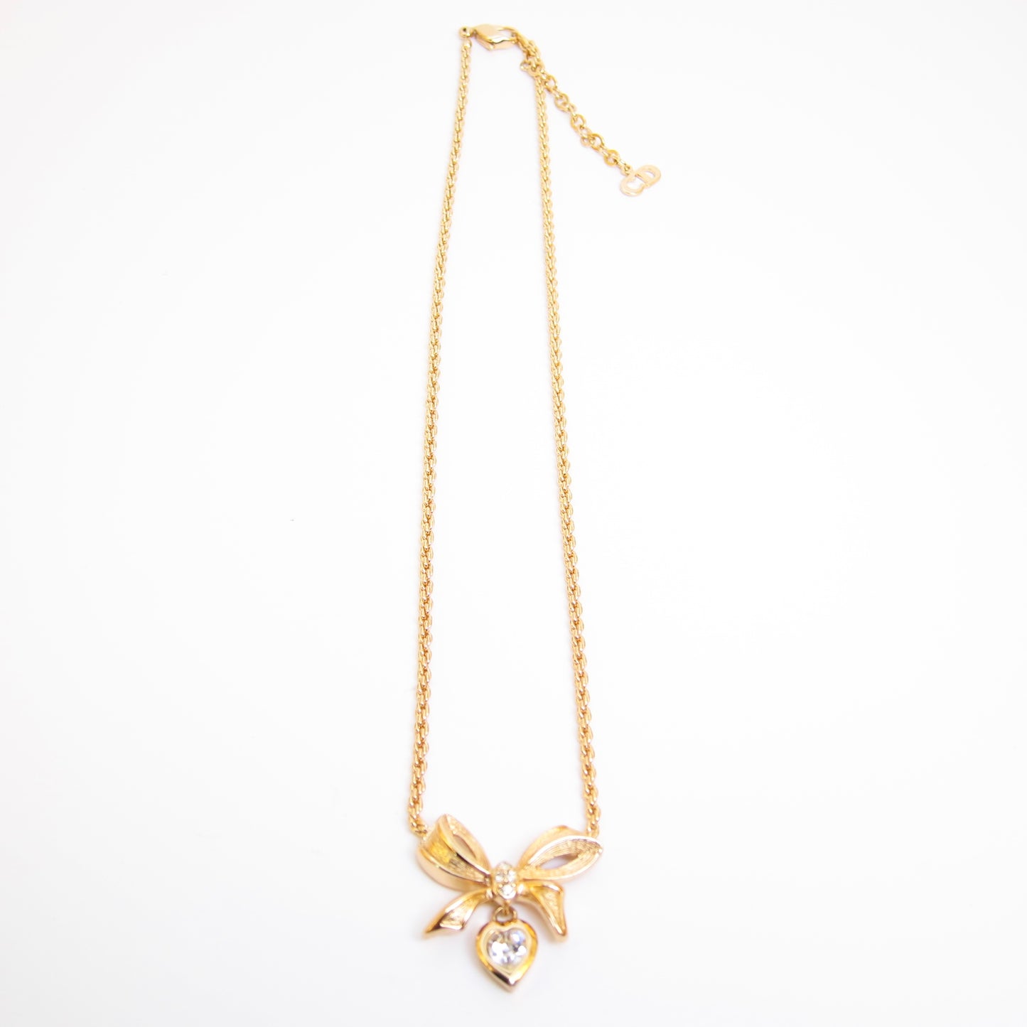 Christian Dior Vintage Ribbon and Heart with Rhinestone Golden Necklace
