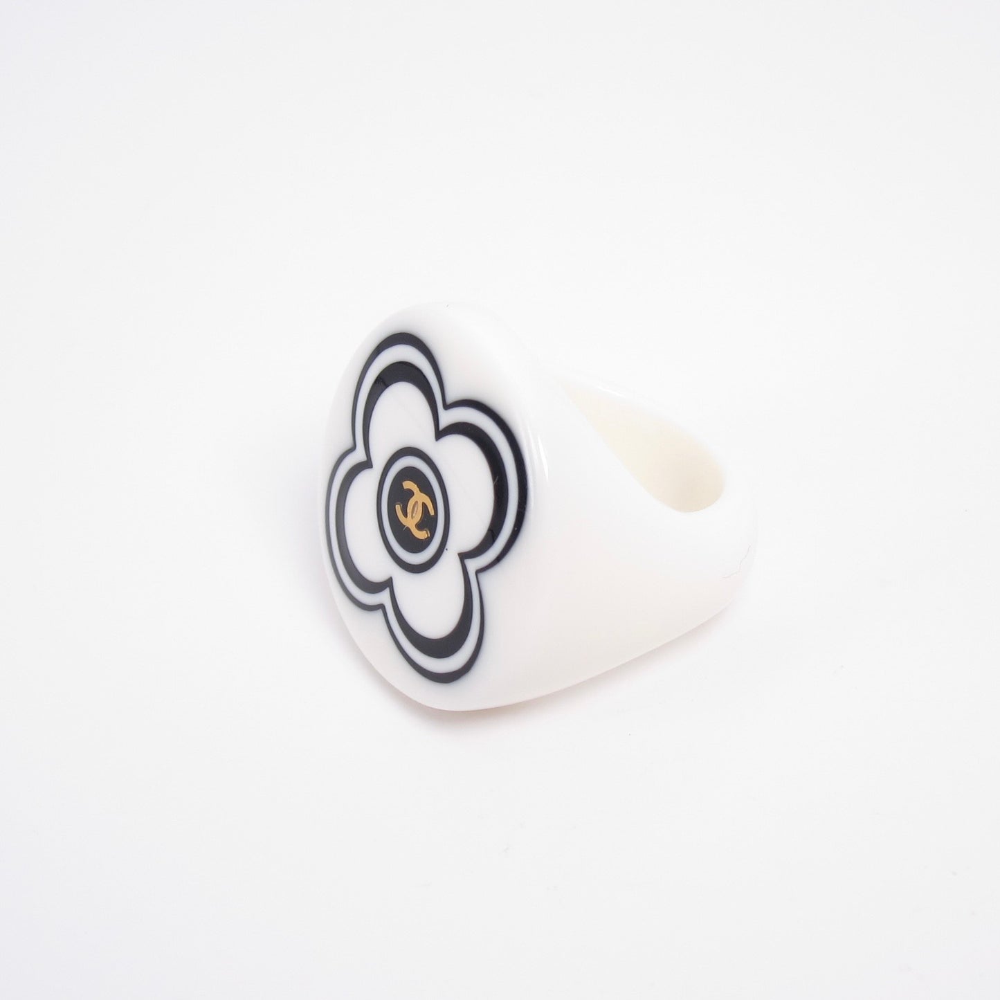 Chanel Vintage CC Logo White Camellia Resin Ring