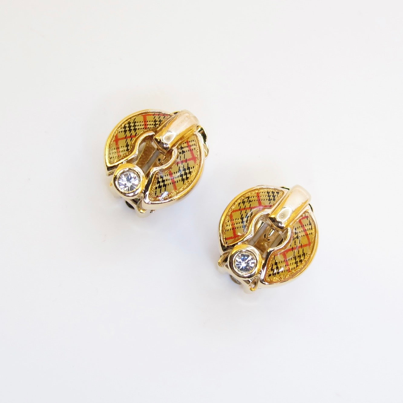 Burberry Vintage Check and Rhinestone Golden Clip-on Earrings