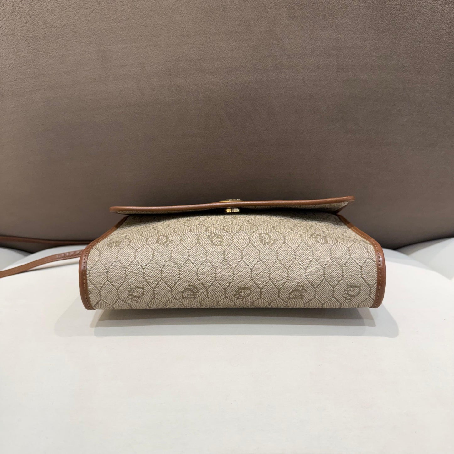 Christian Dior Vintage Beige Honeycomb Monogram Leather Trim Shoulder Bag