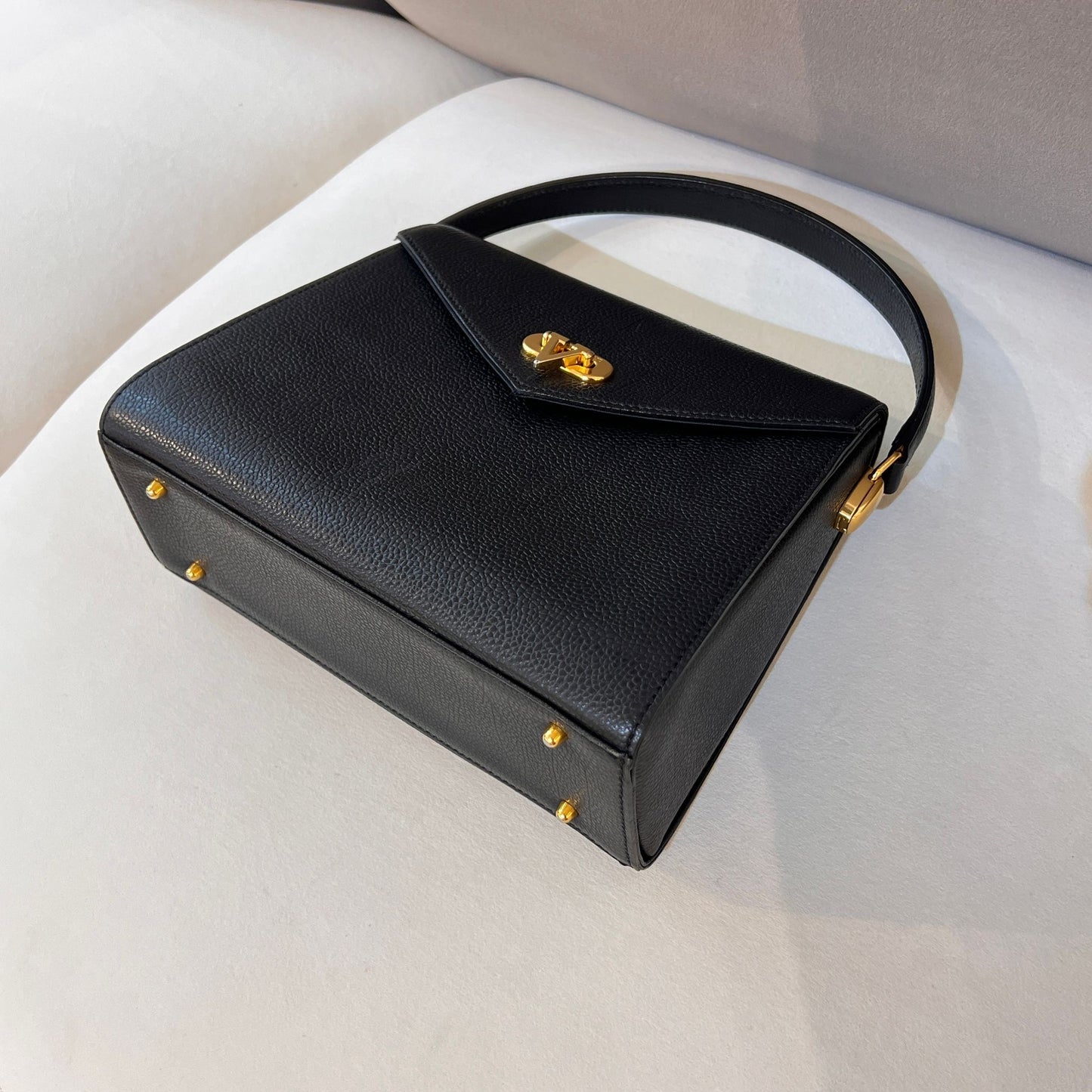 Valentino Garavani Vintage Black Leather V Logo Top Handle Bag