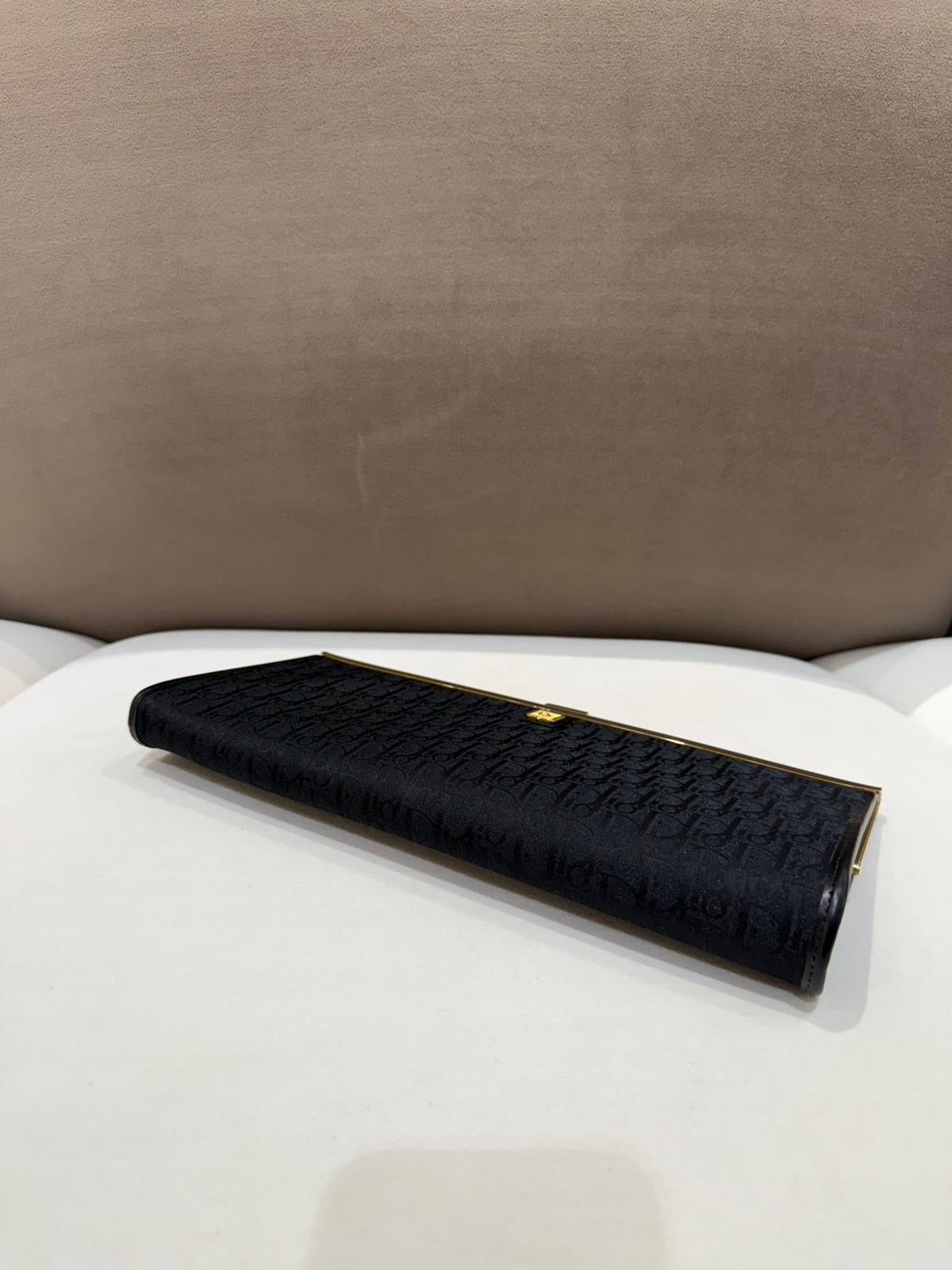 Christian Dior Vintage Trotter Logo Black Canvas Gold Clasp Clutch Bag