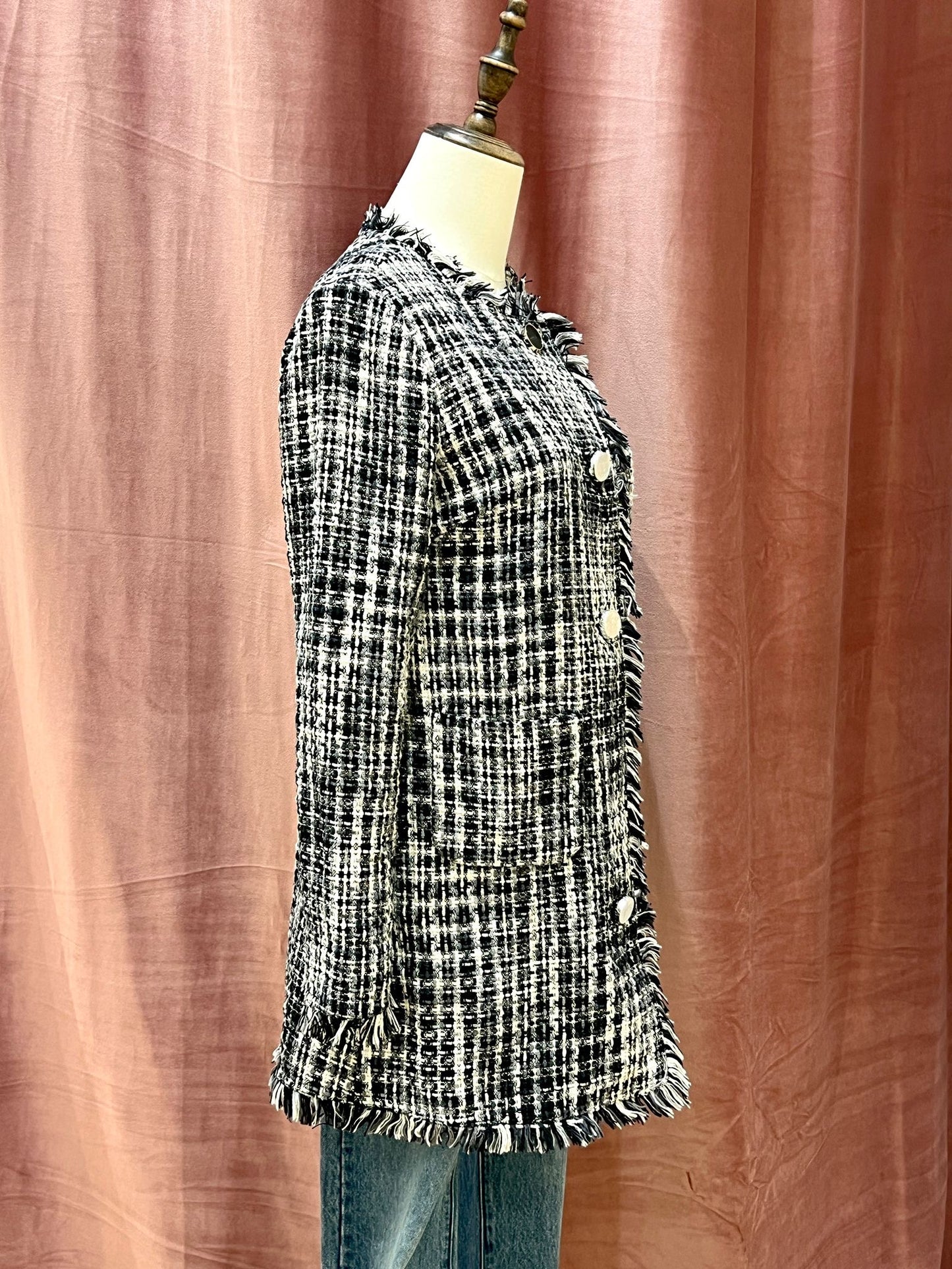 Kate Spade Black and White Checkered Cotton Tweed Jacket
