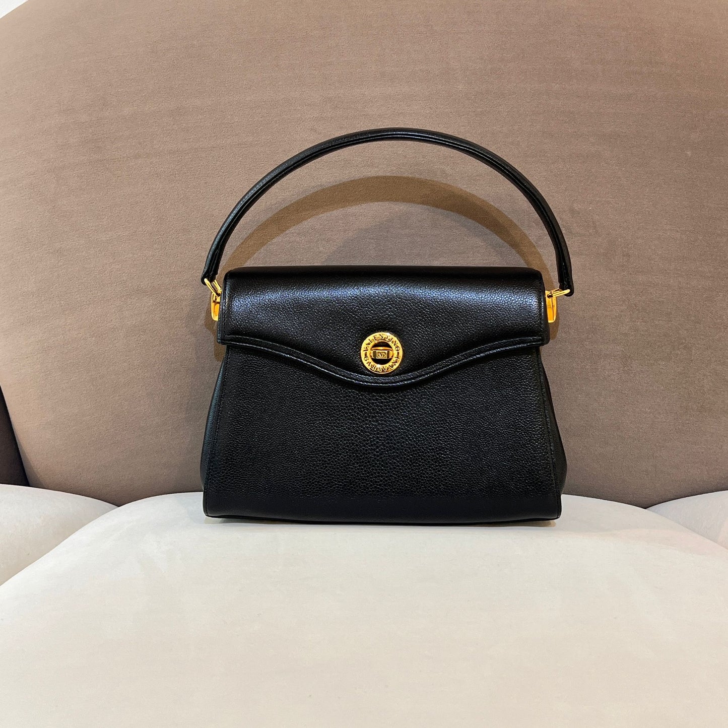 Valentino Garavani Vintage Black Leather Gold Turn-Lock Top Handle Bag