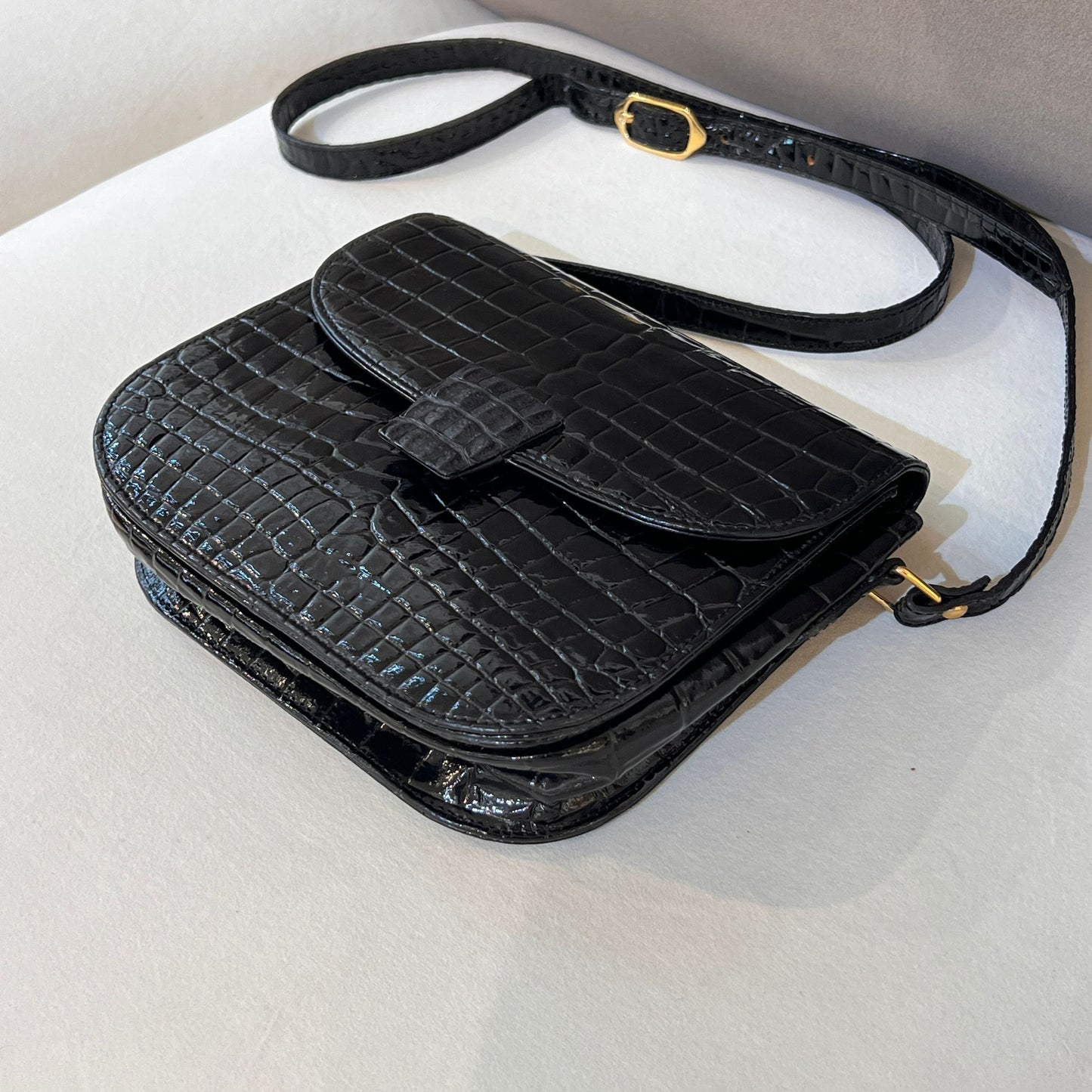 Yves Saint Laurent Vintage Crocodile-Embossed Black Shoulder Bag