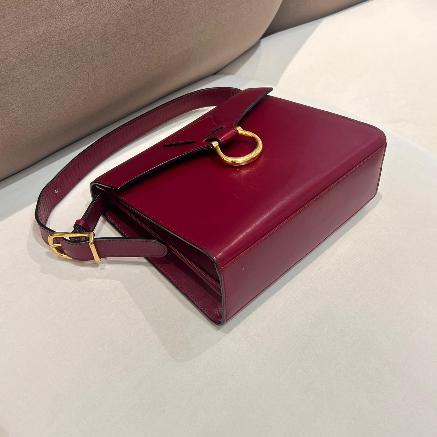 Celine Vintage Burgundy Leather Gold Ring Top Handle Bag
