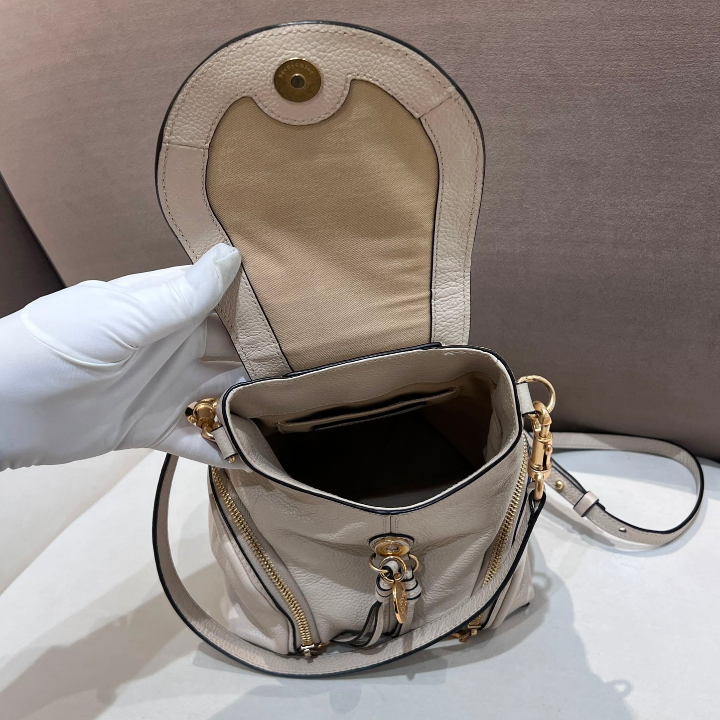 See By Chloé Vintage Ivory Leather Drawstring Backpack