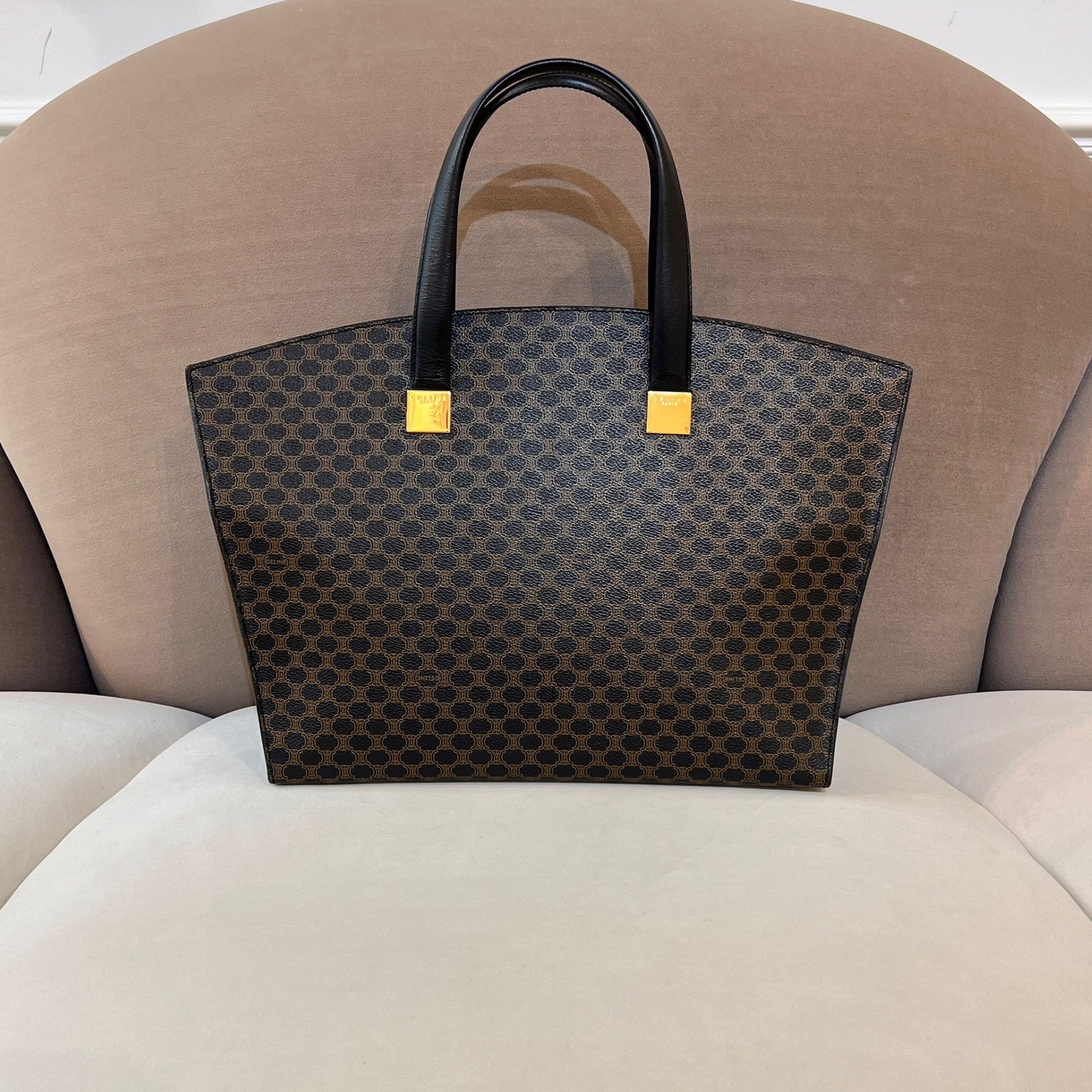 Celine Vintage Macadam Black Coated Canvas Leather Trim Tote Bag