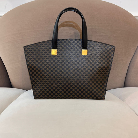 Celine Vintage Macadam Black Coated Canvas Leather Trim Tote Bag