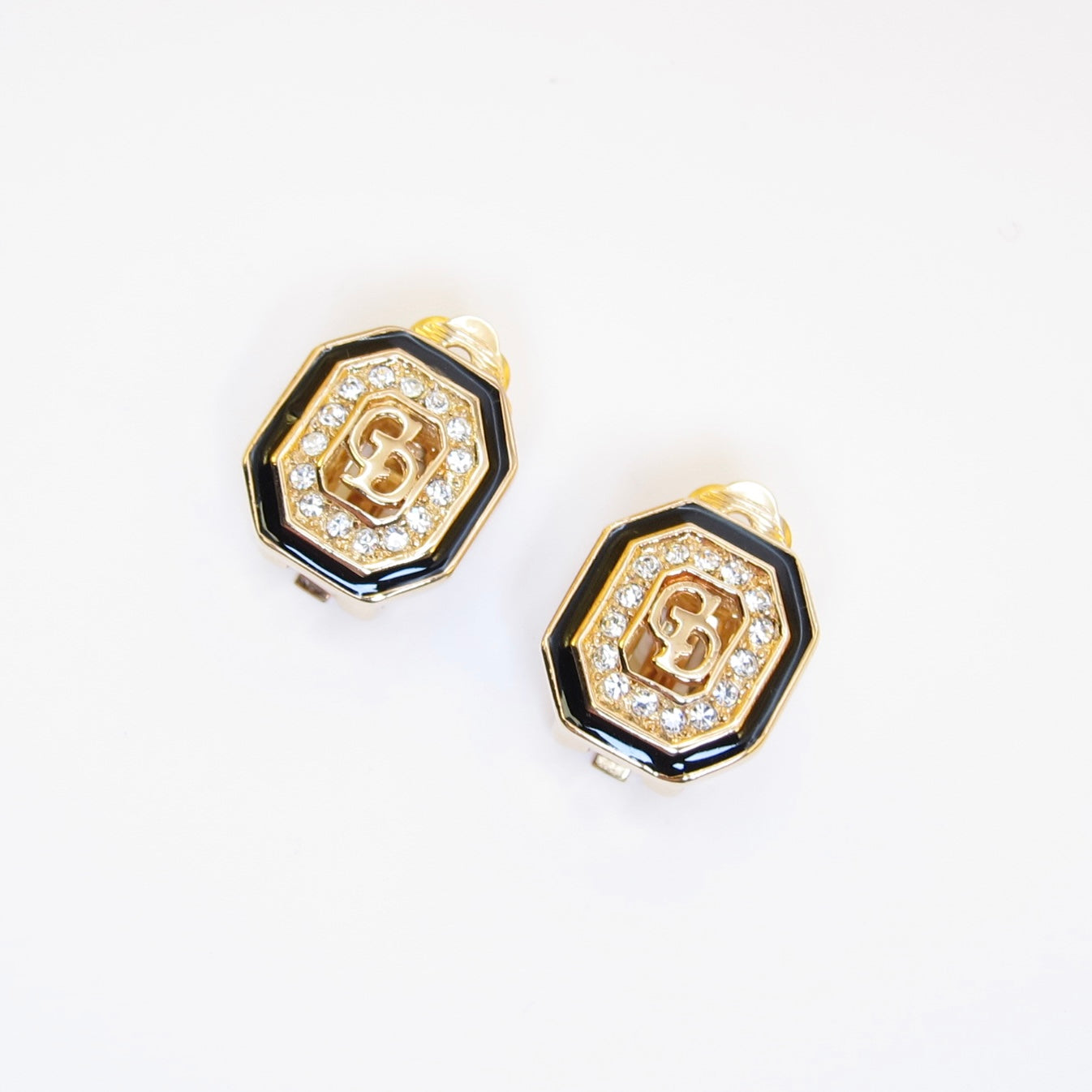 Christian Dior Vintage CD Logo in Octagon Black and Rhinestone Golden Clip-on Earrings