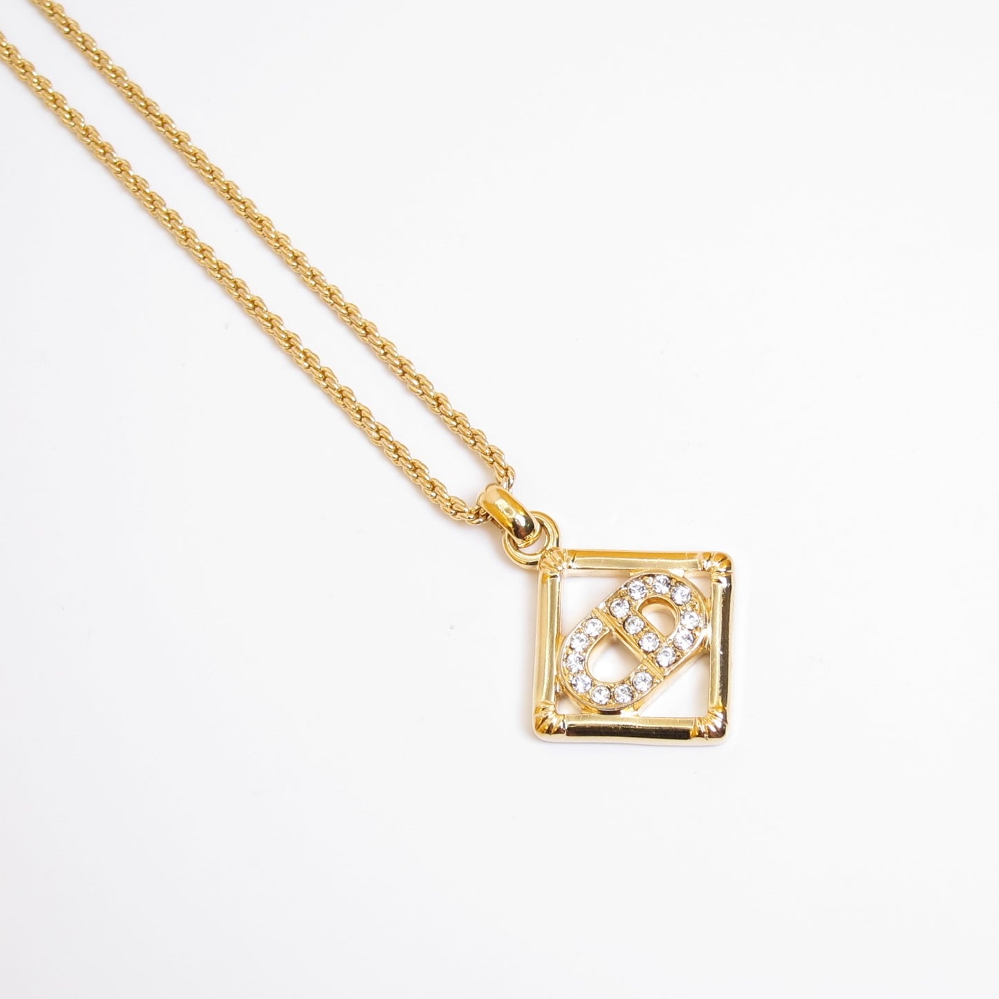 Christian Dior Vintage CD Logo with Rhinestone in Rhombus Golden Necklace