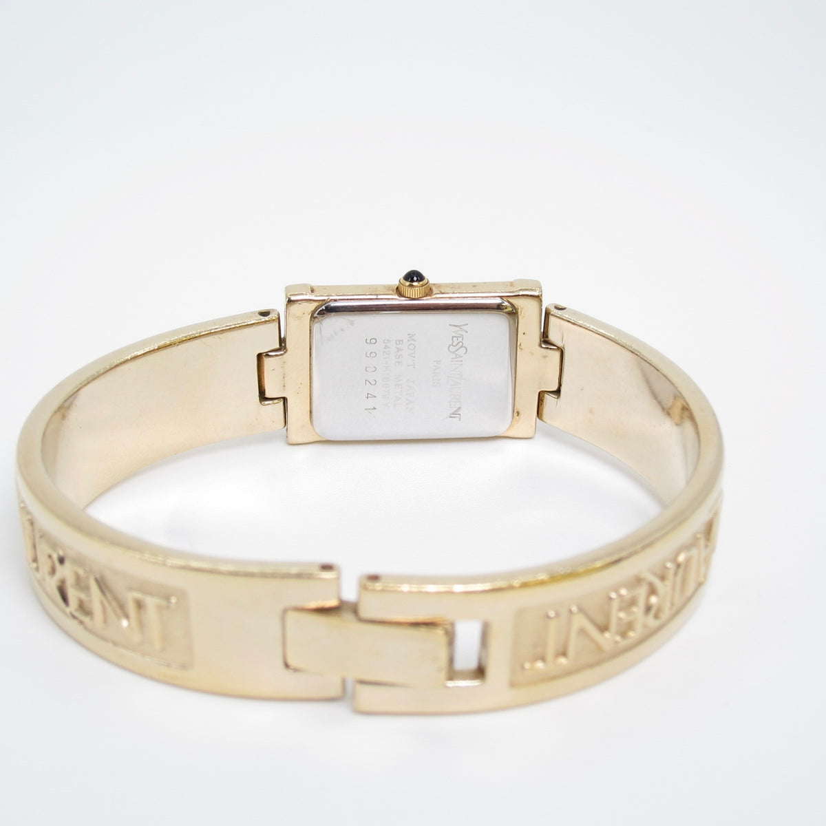 Yves Saint Laurent Vintage Rectangle Shell Pearl Face and Logo Engraved Golden Bangle Watch