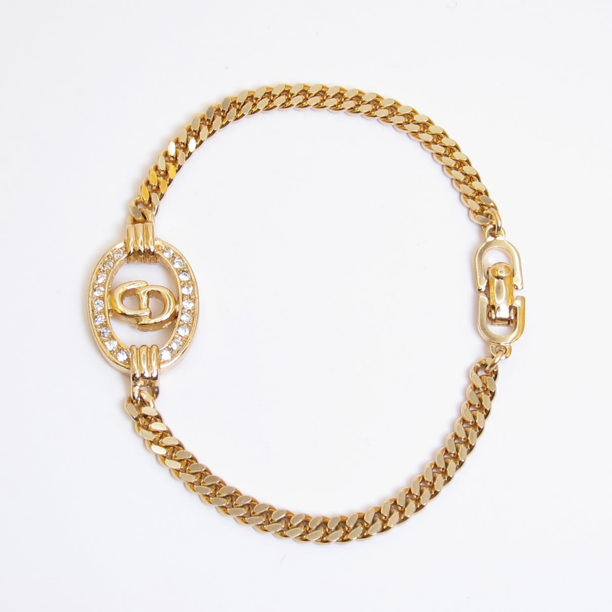 Christian Dior Vintage CD Logo in Oval Shaped with Rhinestone Golden Bracelet