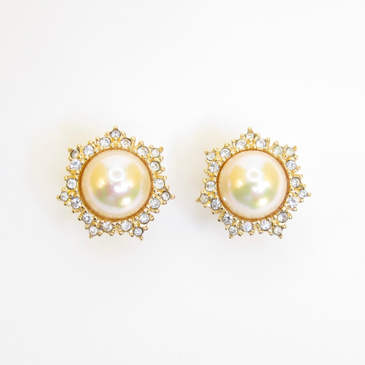 Christian Dior Vintage Faux Pearl Halo Gold-Tone Clip-On Earrings