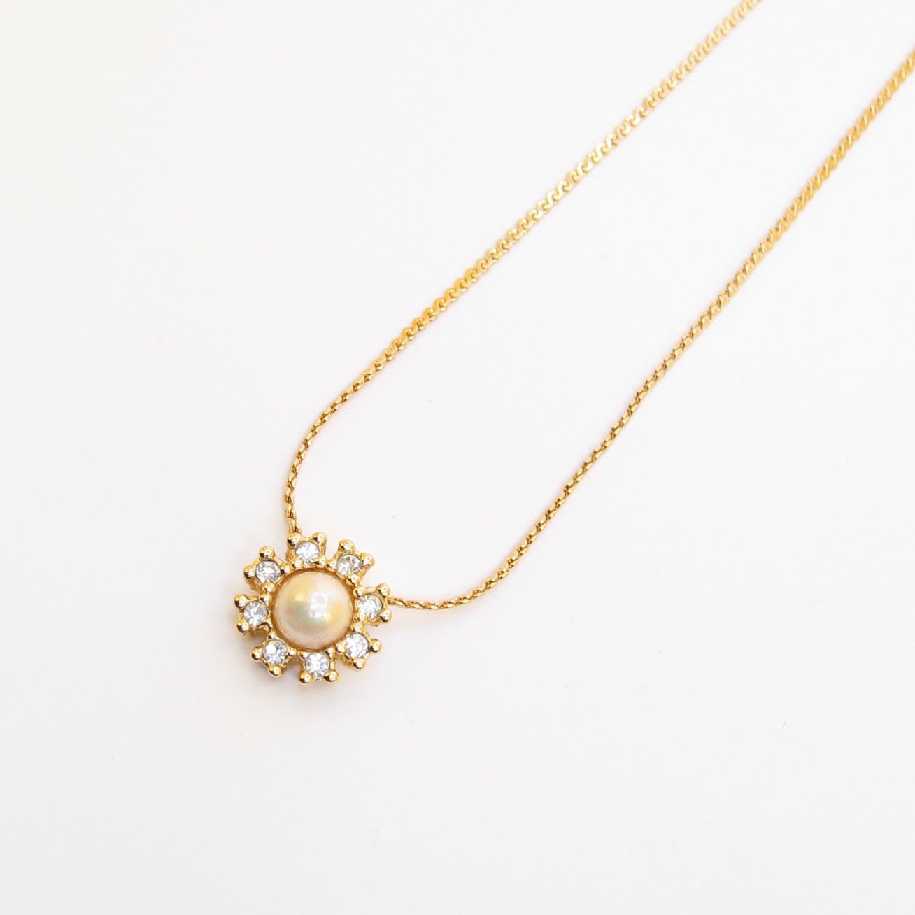 Christian Dior Vintage Flower Motif Pearl and Rhinestone Golden Necklace