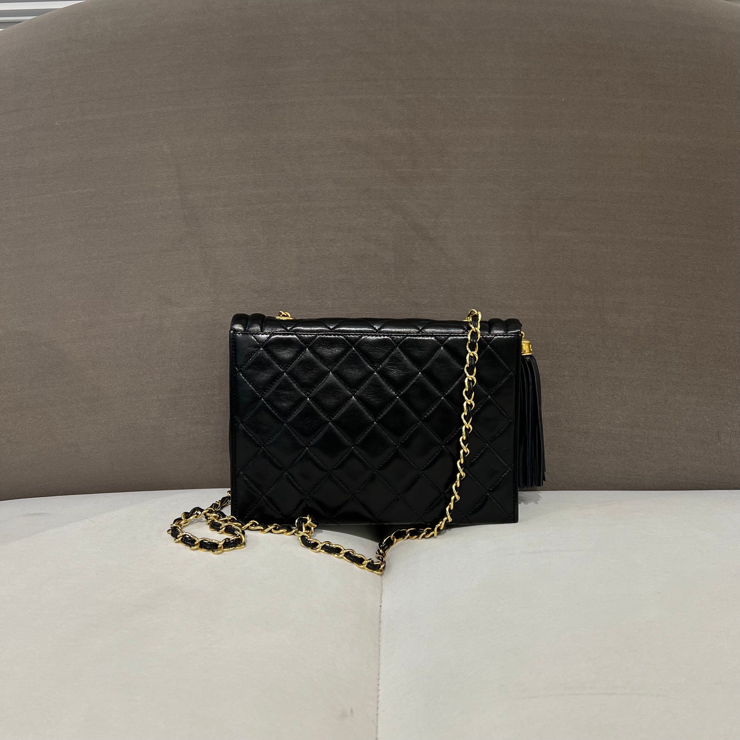 Chanel Vintage Black Lambskin Chain Shoulder Bag With Fringe Charm