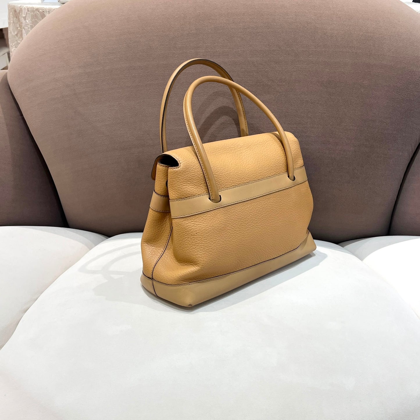 Delvaux Vintage Beige Grained Leather Structured Top Handle Handbag