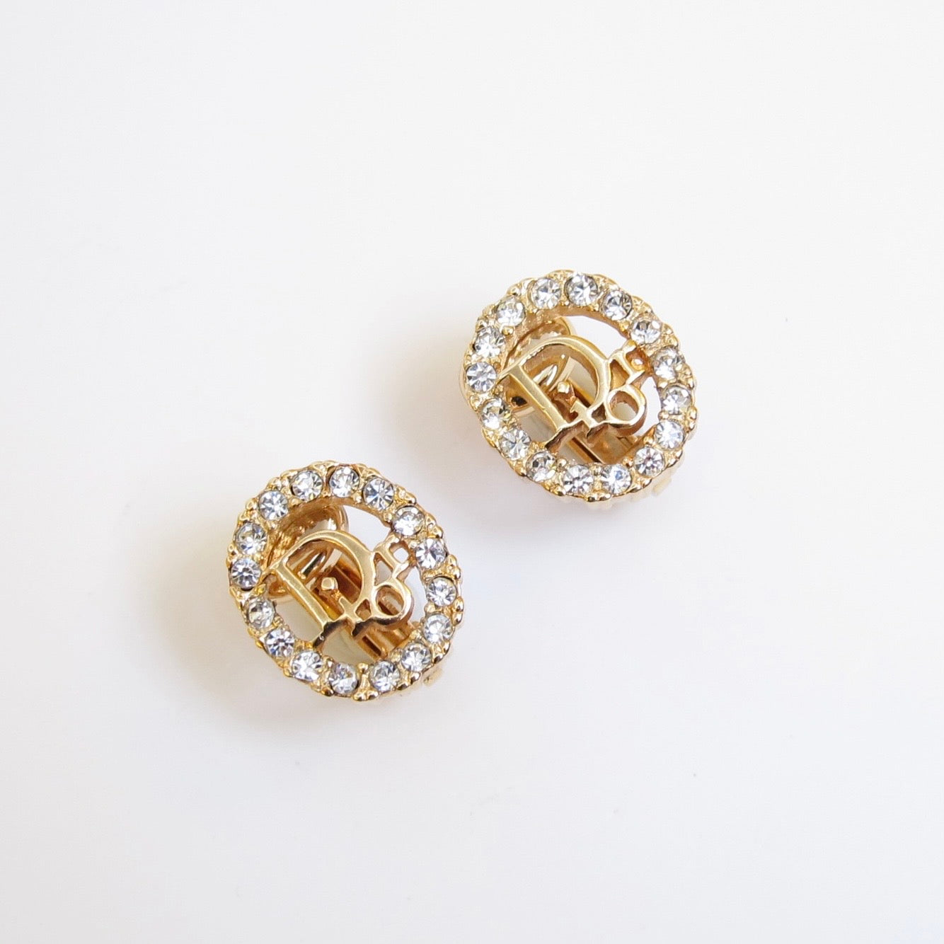 Christian Dior Vintage Dior Logo in Oval Shape with Rhinestone Golden Clip-on Earrings