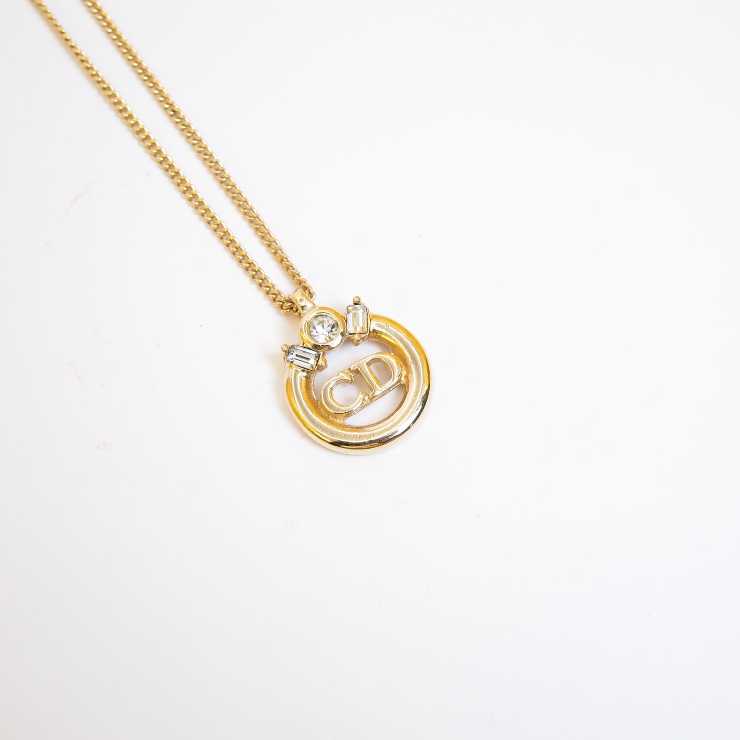 Christian Dior Vintage CD Logo in Circle with Rhinestone Golden Necklace