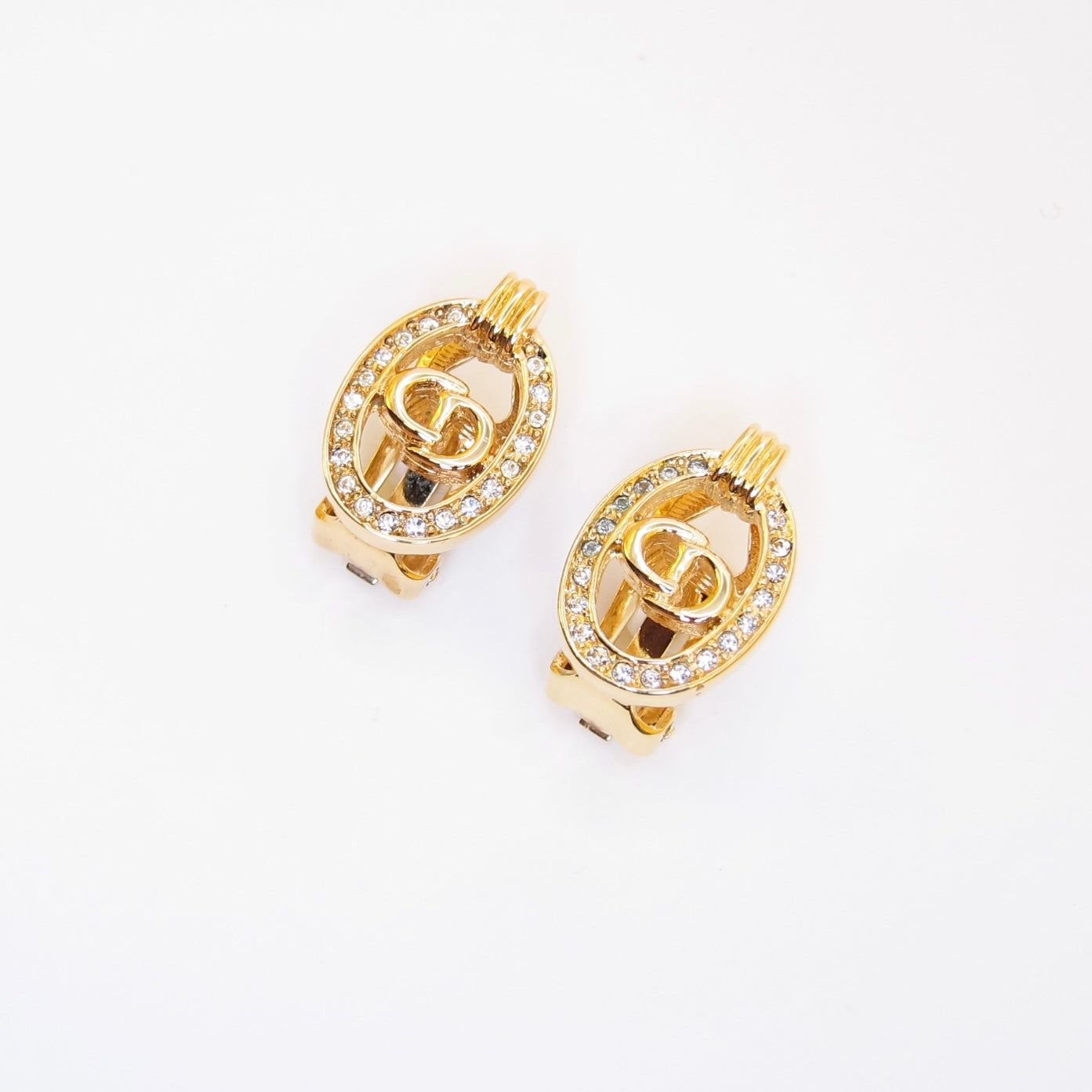 Christian Dior Vintage CD Logo in Oval Shaped with Rhinestone Golden Clip-on Earrings