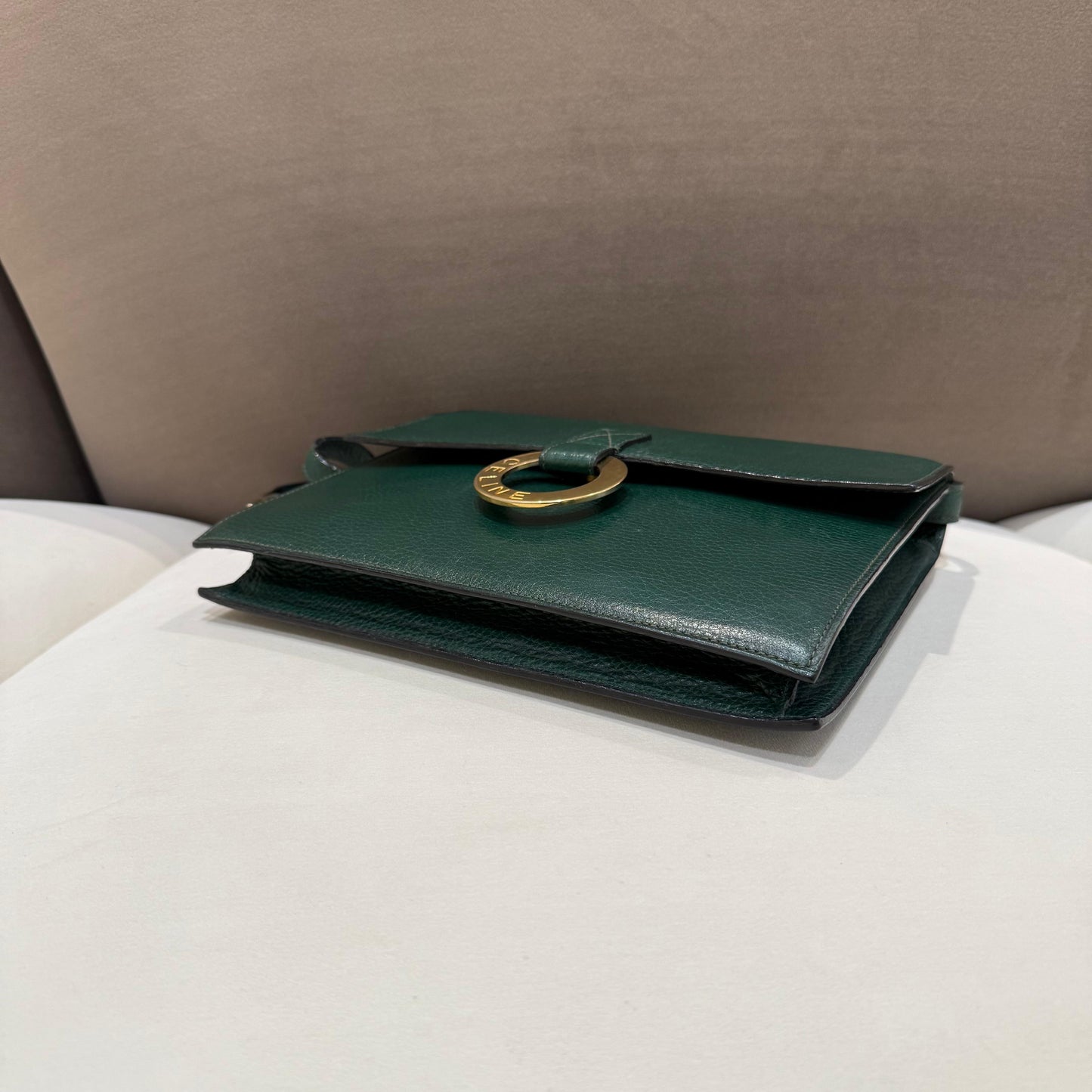 Celine Vintage Circle Logo Forest Green Leather Shoulder Bag