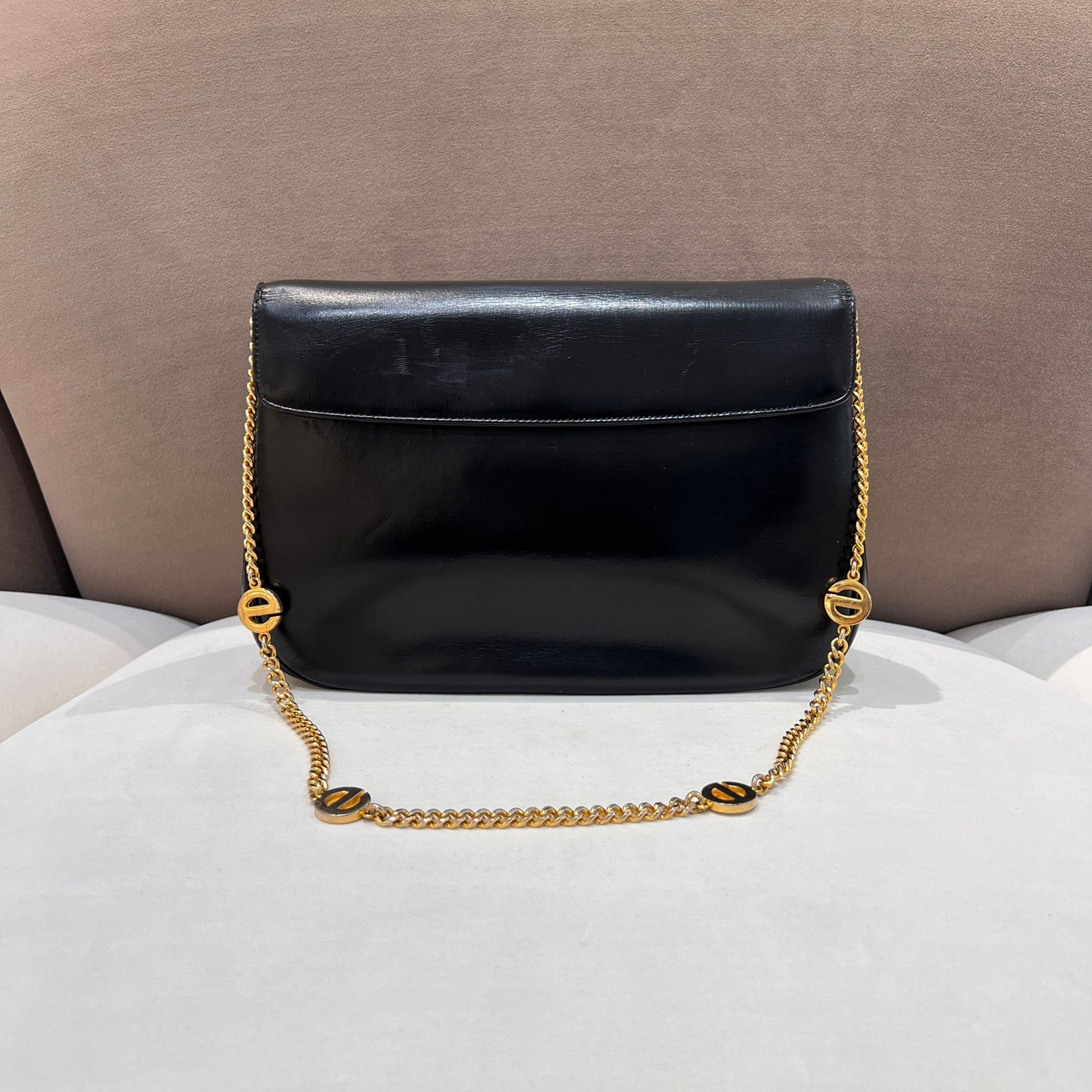 Christian Dior 復古黑色皮革 CD 標誌鏈條單肩包