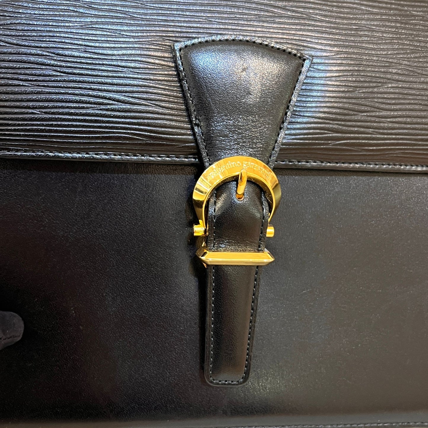 Valentino Garavani Vintage Black Epi Leather Gold Buckle Shoulder Bag