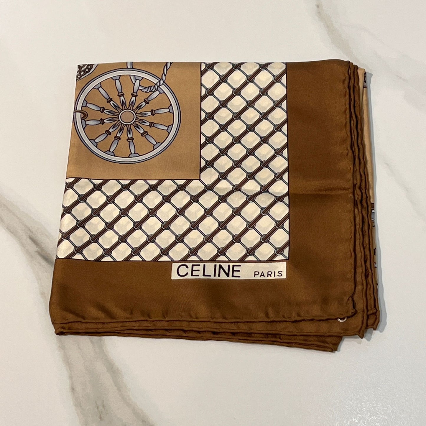 Celine Vintage Carriage Chain Print Silk Scarf Beige Brown 88 X 88 Cm