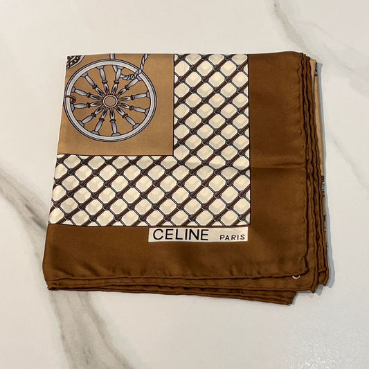 Celine Vintage Carriage Chain Print Silk Scarf Beige Brown 88 X 88 Cm