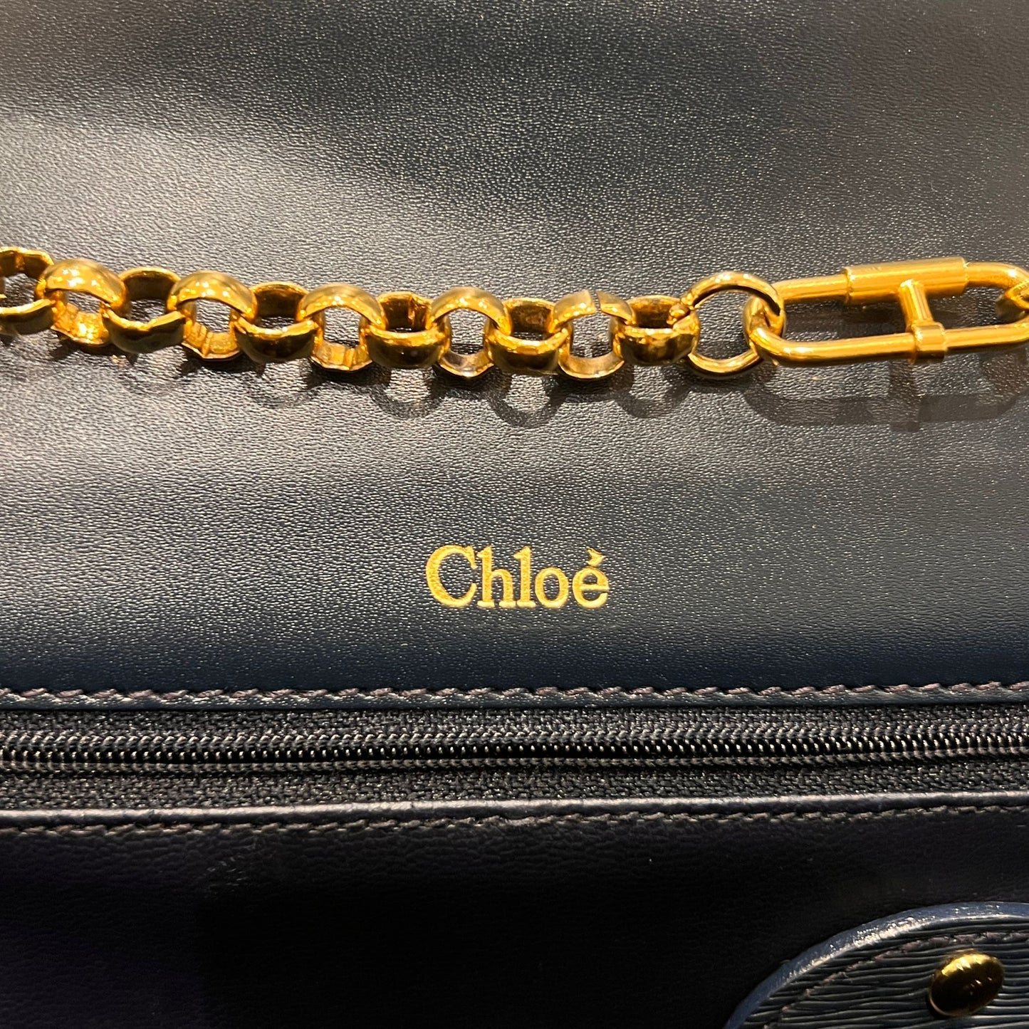 Chloé Vintage Navy Leather Gold Logo Shoulder Bag