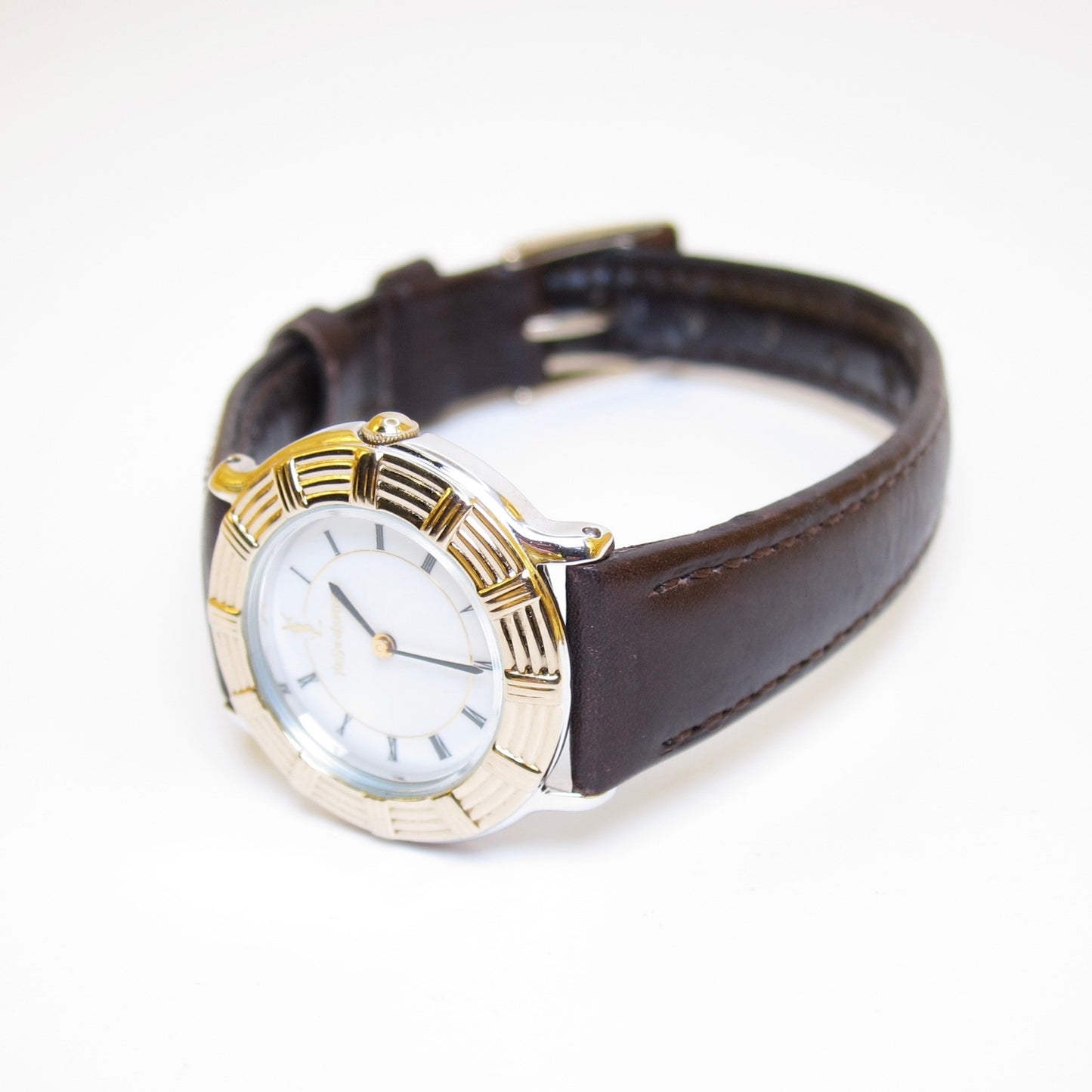Yves Saint Laurent Vintage Round White Face with Black Leather Strap Two Tone Watch
