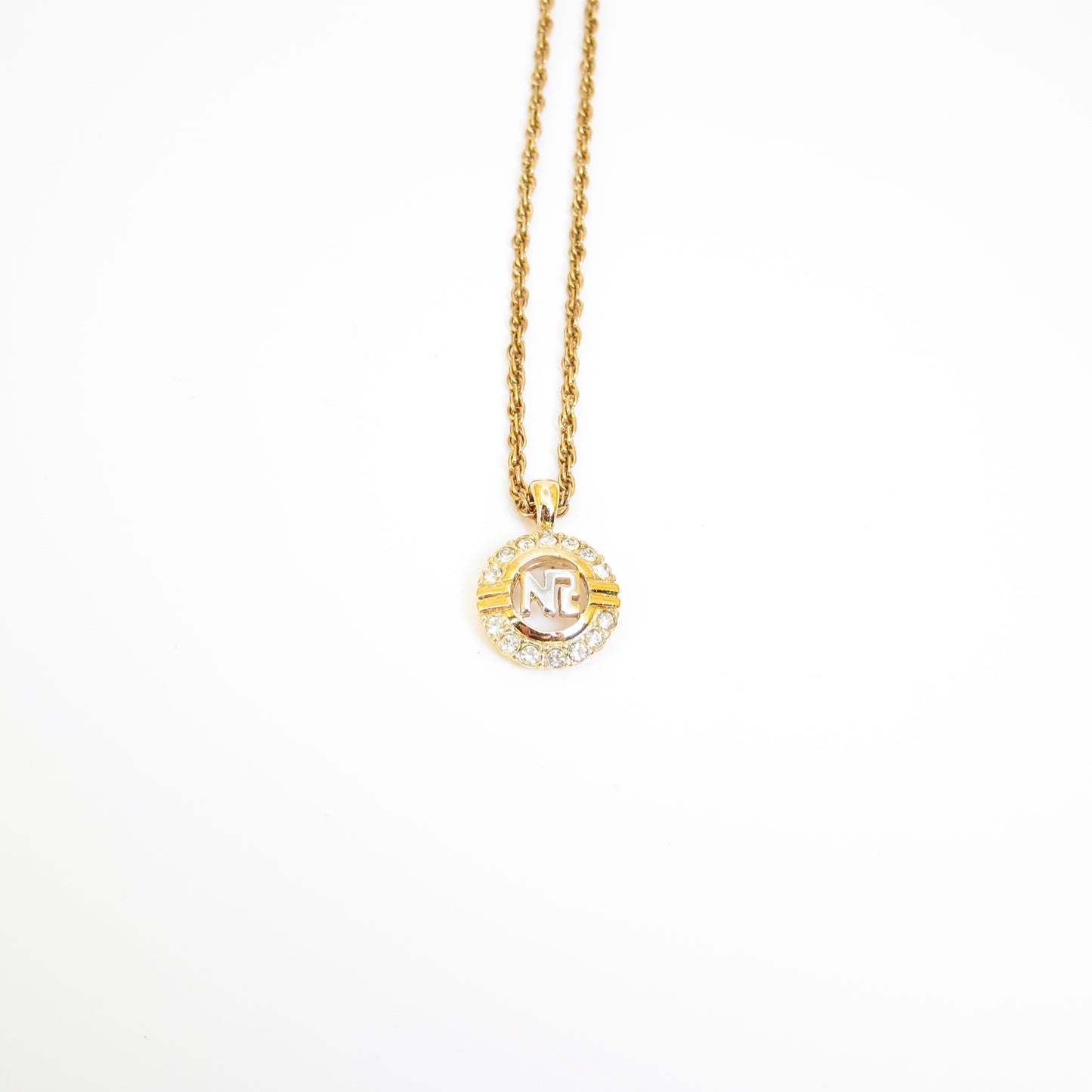 Nina Ricci Vintage NR Logo in Circle with Rhinestone Golden Necklace