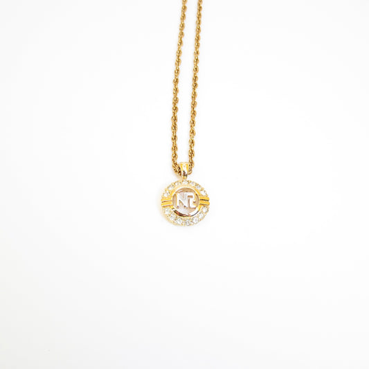 Nina Ricci Vintage NR Logo in Circle with Rhinestone Golden Necklace