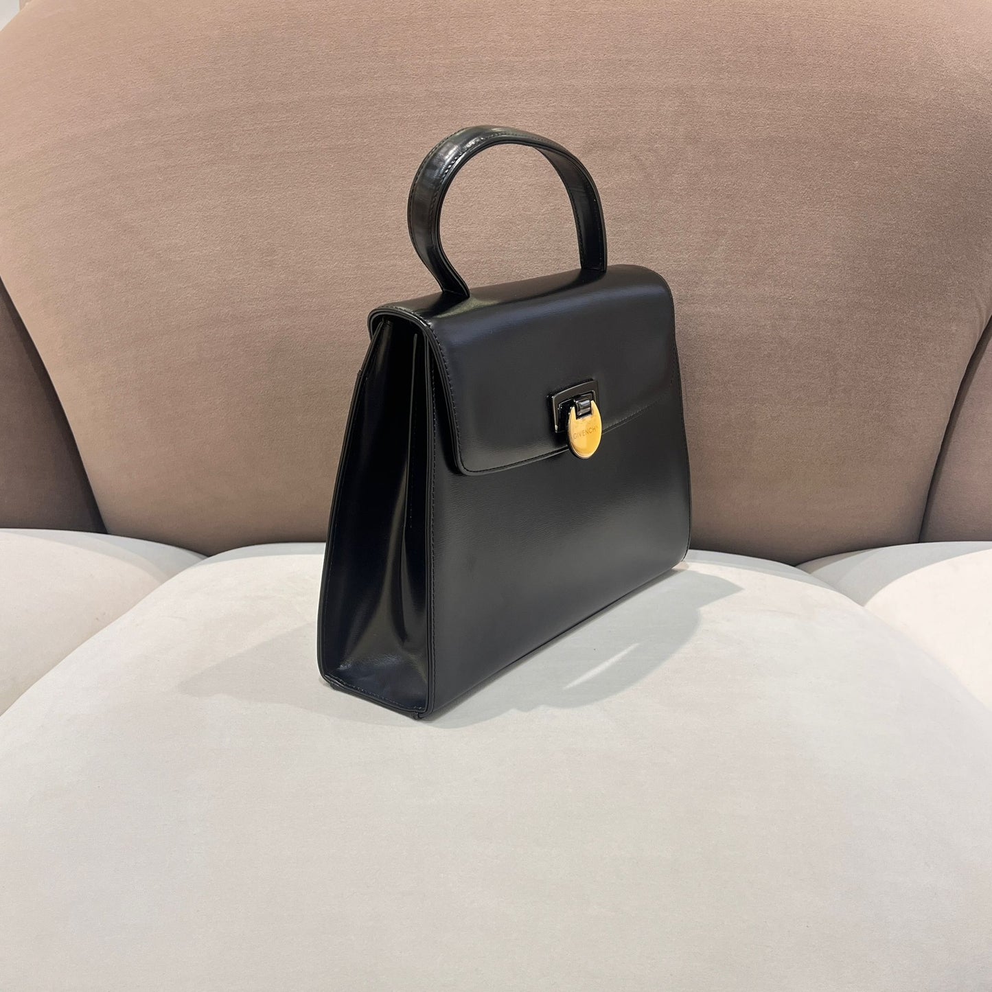 Givenchy Vintage Black Leather Wide Trapezoid Top Handle Clasp Handbag