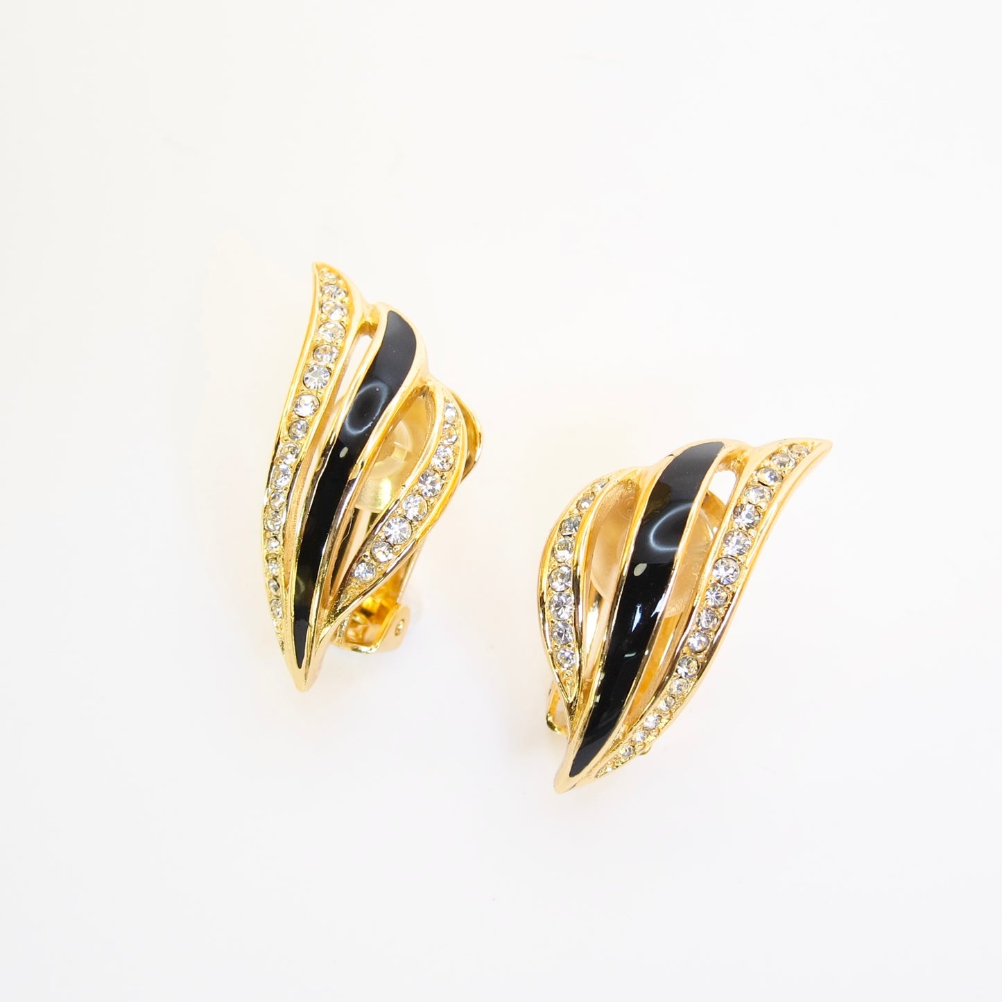 Christian Dior Vintage Stylish Black and Rhinestone Golden Clip-on Earrings