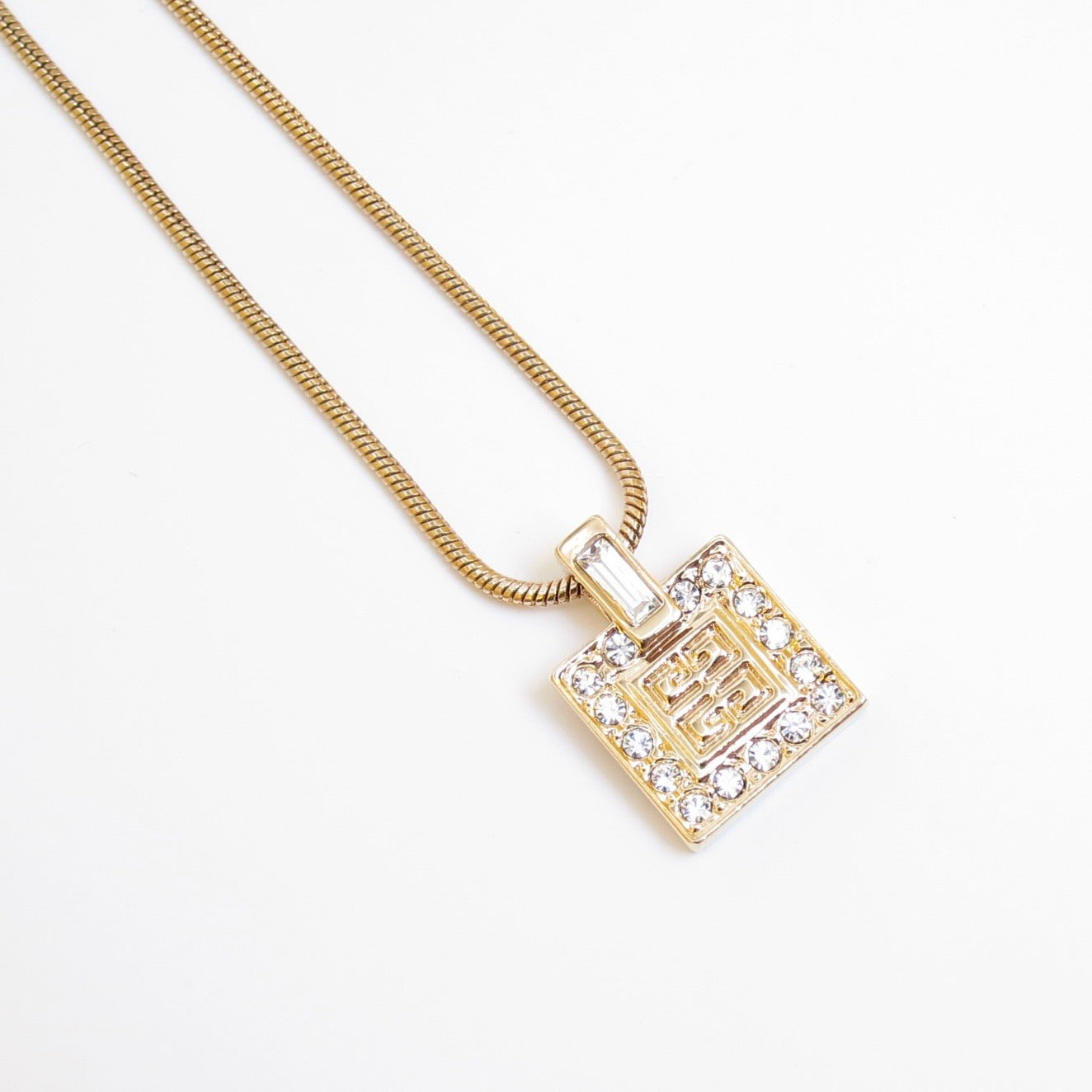 Givenchy Vintage 4G Logo Square Rhinestone Pendant Golden Necklace