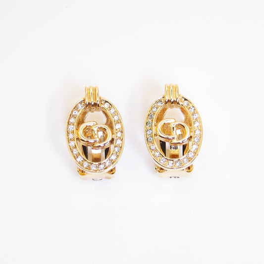 Christian Dior Vintage CD Logo in Oval Shaped with Rhinestone Golden Clip-on Earrings