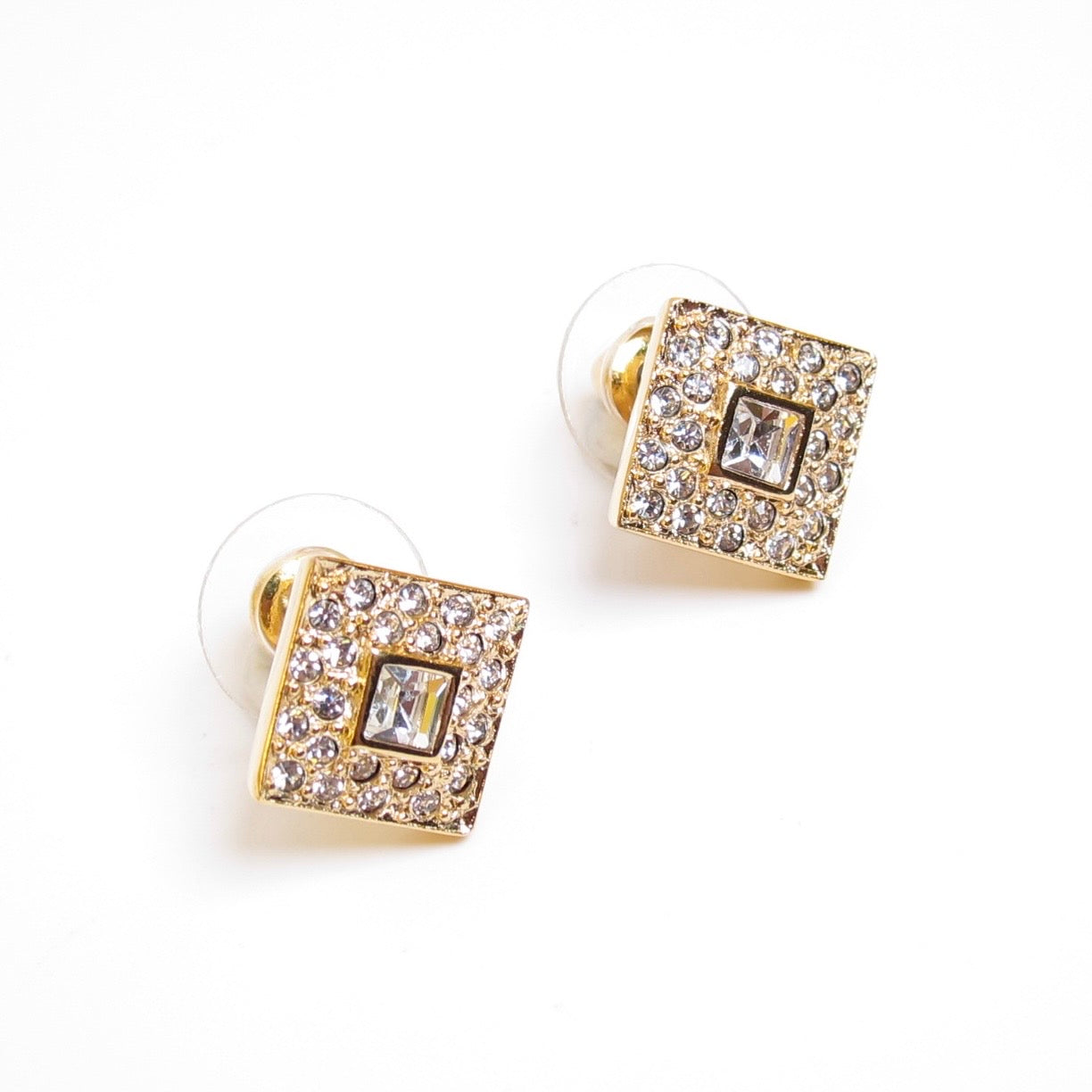 Christian Dior Vintage Rhombus with Rhinestone Golden Earrings