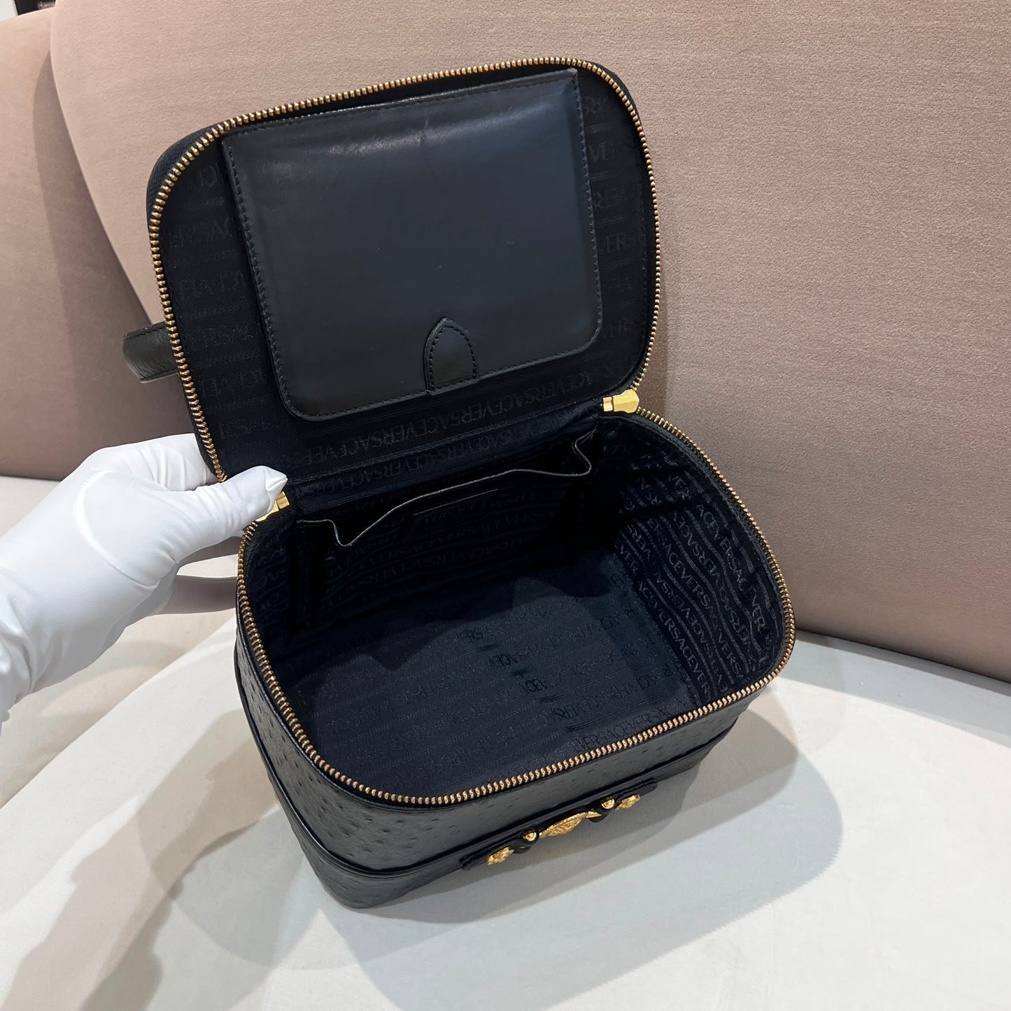 Versace Black Ostrich Leather Vanity Bag