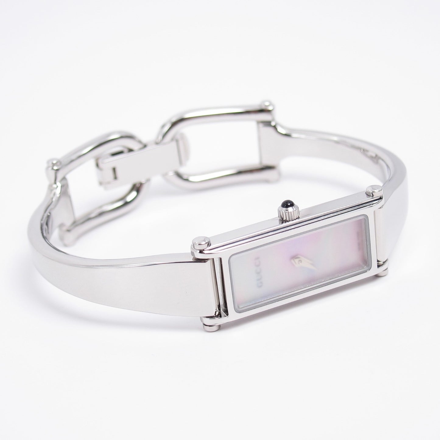 Gucci Vintage Rectangle Pink Shell Pearl Face Bangle Watch