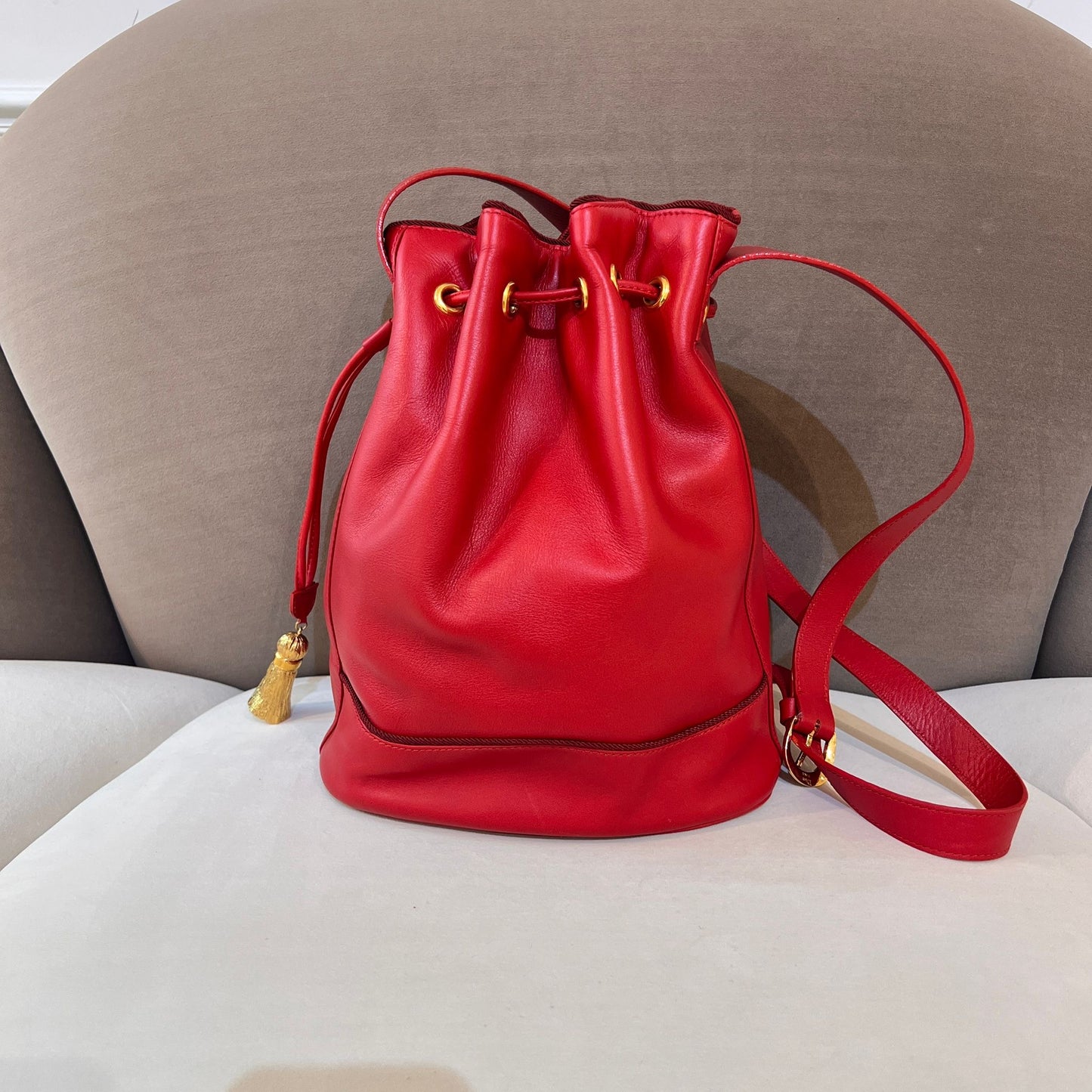 Christian Dior Vintage Red Leather Drawstring Shoulder Bag With Tassel