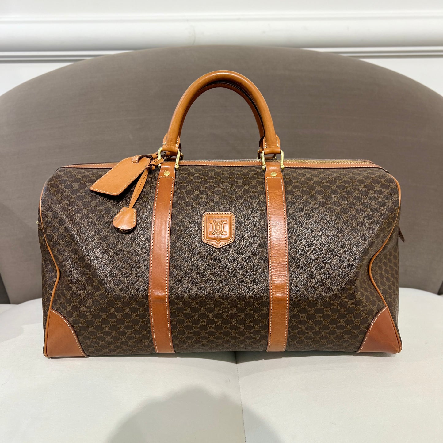 Celine Vintage Brown Color Macadam Canvas With Leather Boston Bag