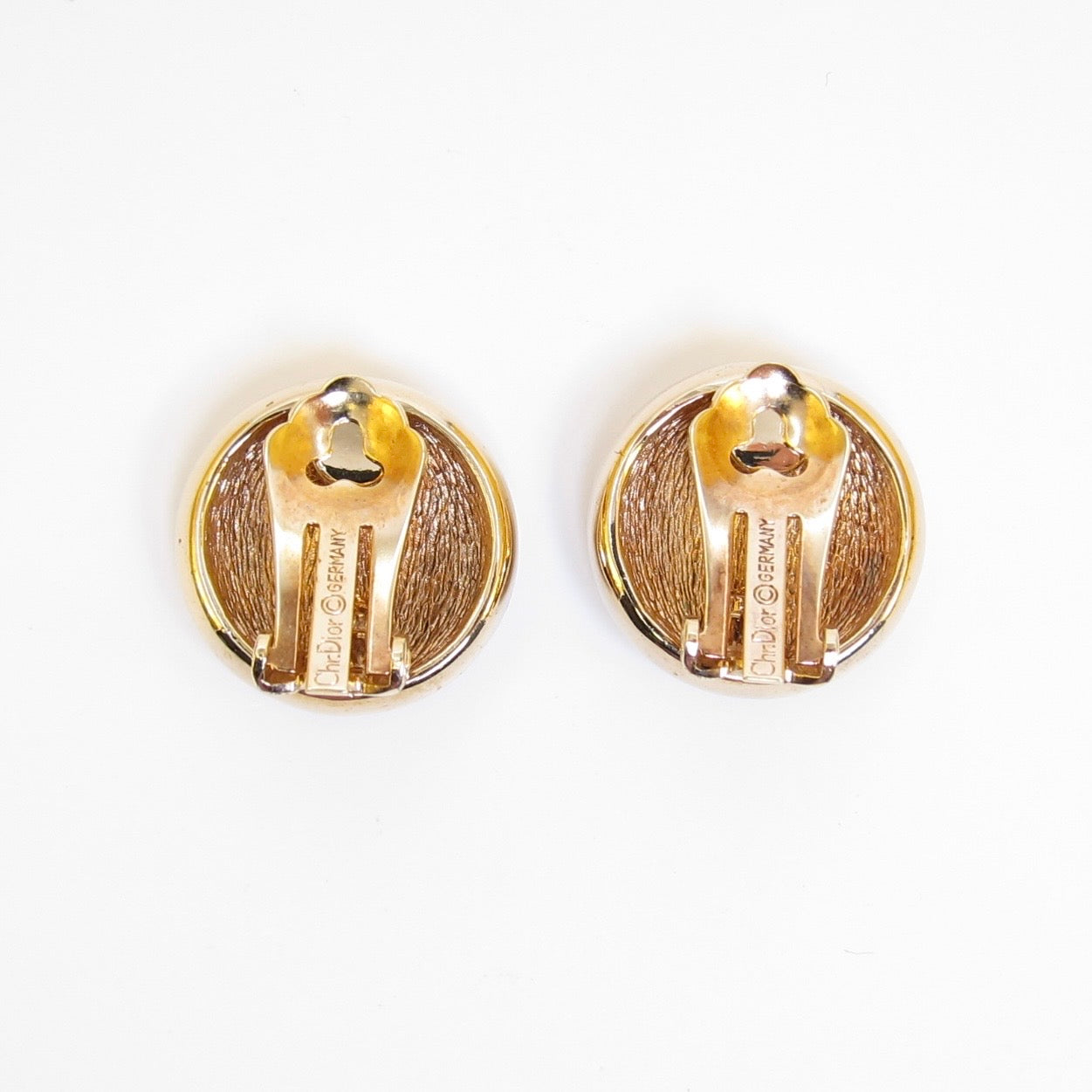Christian Dior Vintage Round Shaped with Rhinestone Golden Clip-on Earrrings